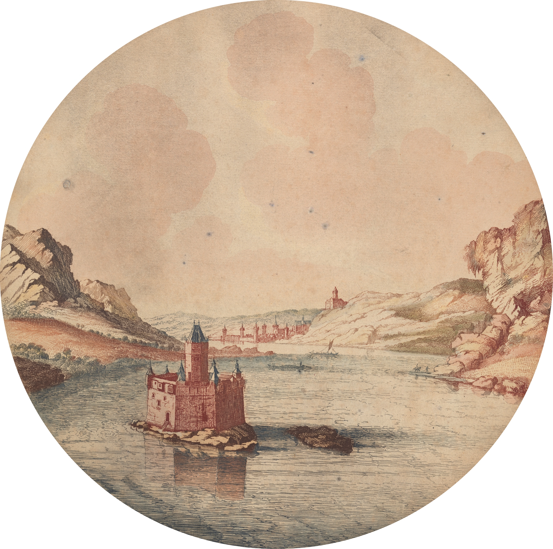 Landscape oil painting by Johann Teyler depicting Pfalzgrafenstein castle and river