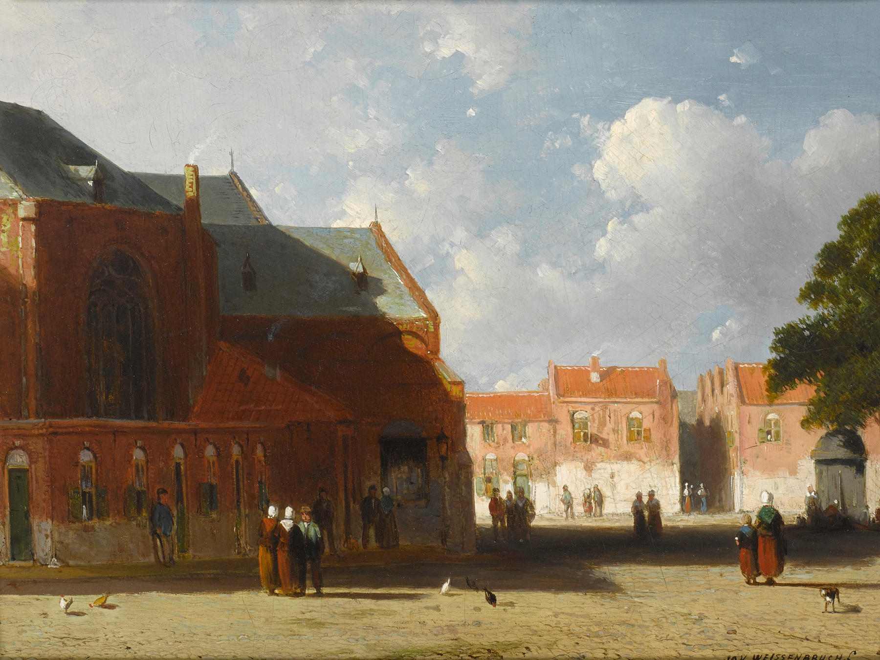 Oil on canvas by Jan Weissenbruch depicting a Dutch town at twilight