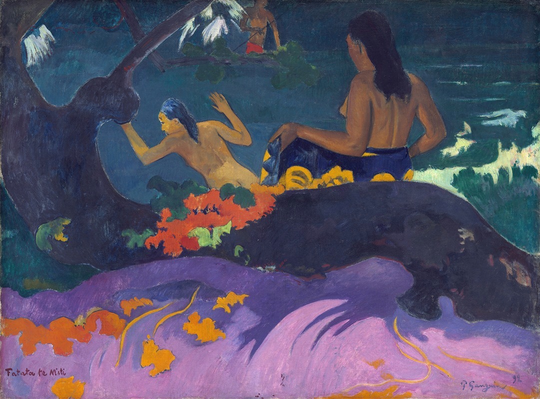 Paul Gauguin's 'Fatata te Miti' depicts a serene beach scene with vibrant colors.