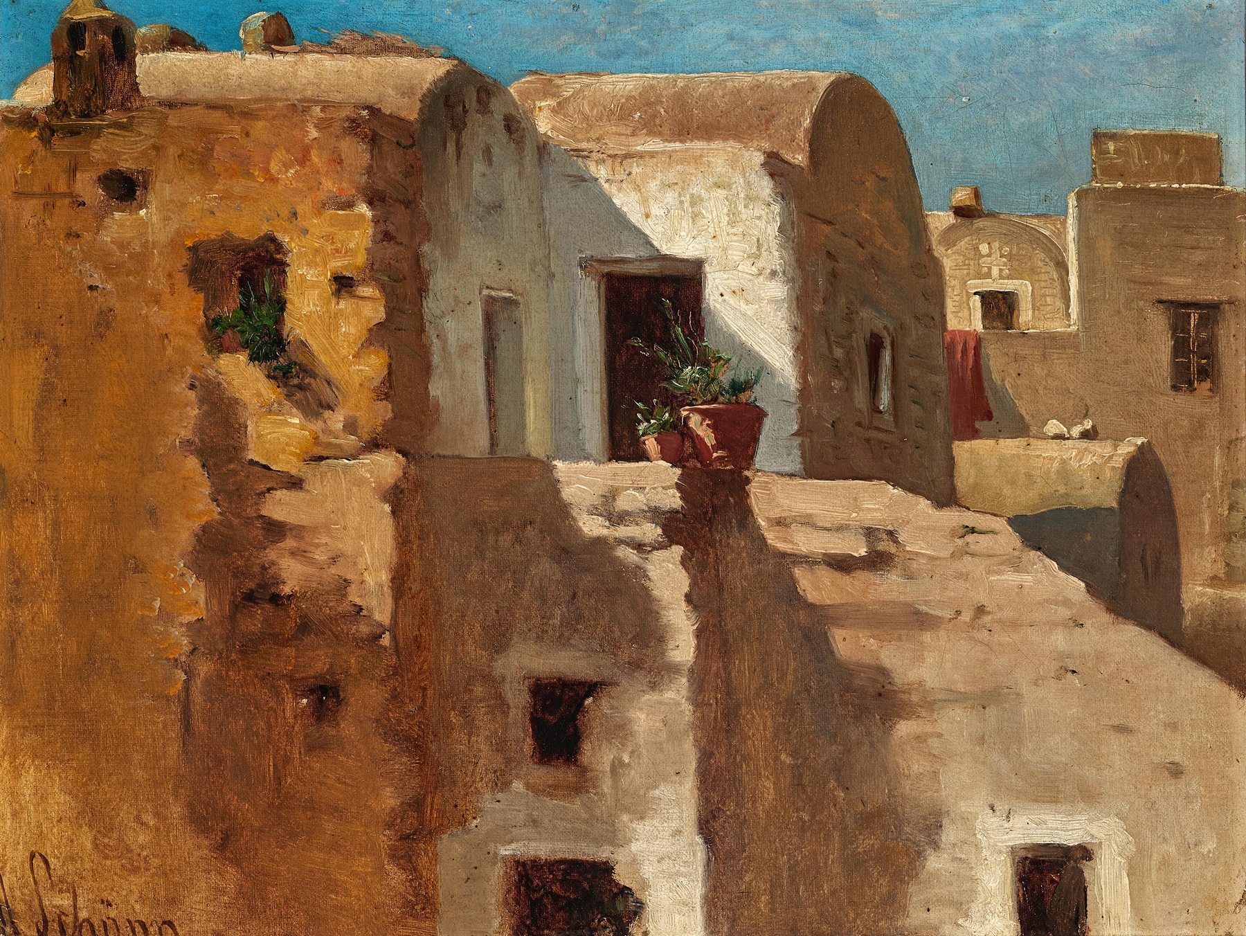 A Terrace in Taormina, oil on canvas by Alois Schönn, featuring bougainvillea and terracotta tiles.