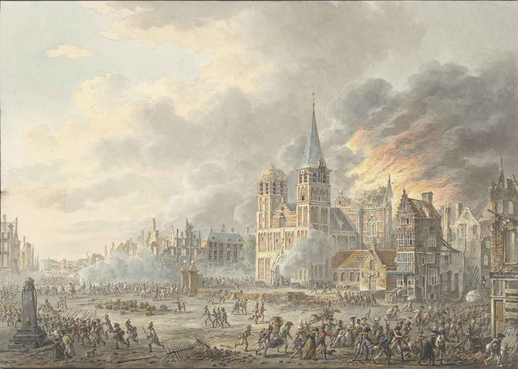 Historical scene of soldiers clashing amidst crumbling architecture by Dirk Langendijk, oil painting.