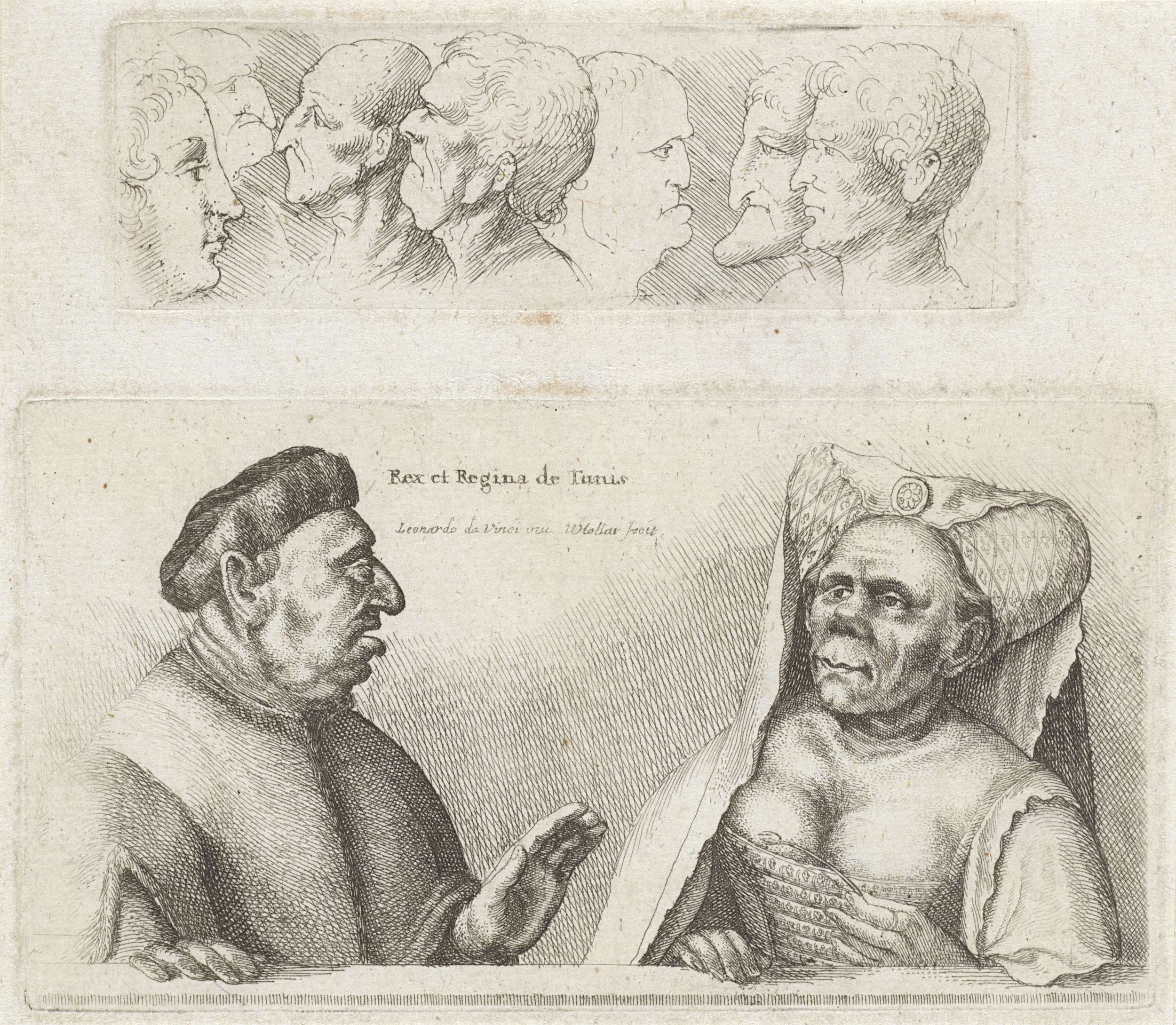 Fries met studiekoppen / Karikaturen van de koning en koningin van Tunesië, by Wenceslaus Hollar, public domain