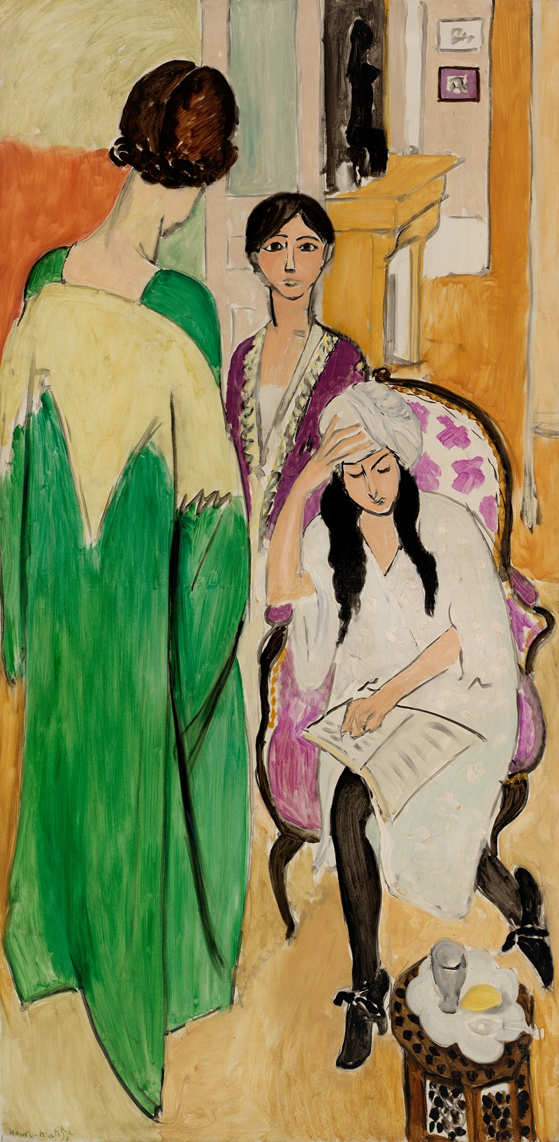 Henri Matisse's 'Three Sisters with an African Sculpture' features vibrant colors and figures in a dynamic composition.