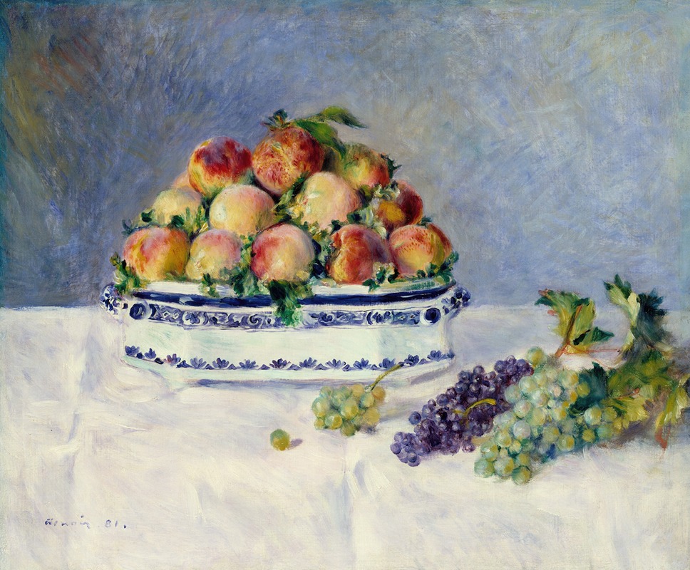 A still life painting featuring peaches and grapes.