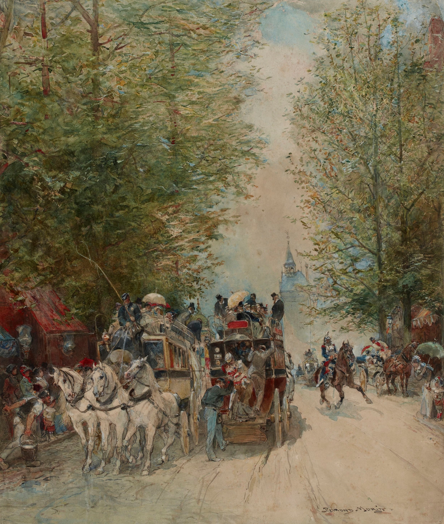 Genre scene of a bustling street with omnibuses, oil on canvas by Edmond Morin