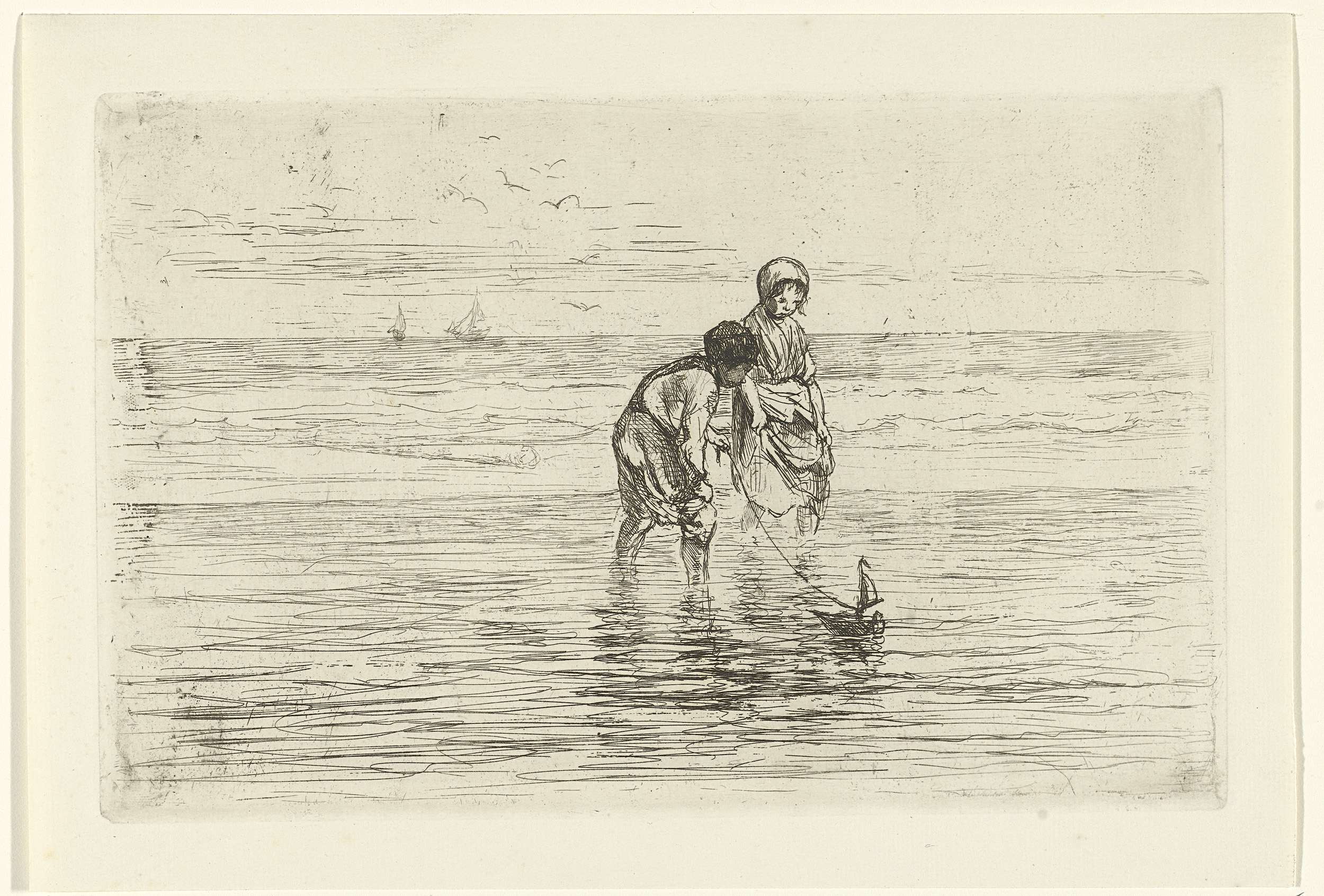 Children playing with a boat at the beach, etching by Jozef Israëls