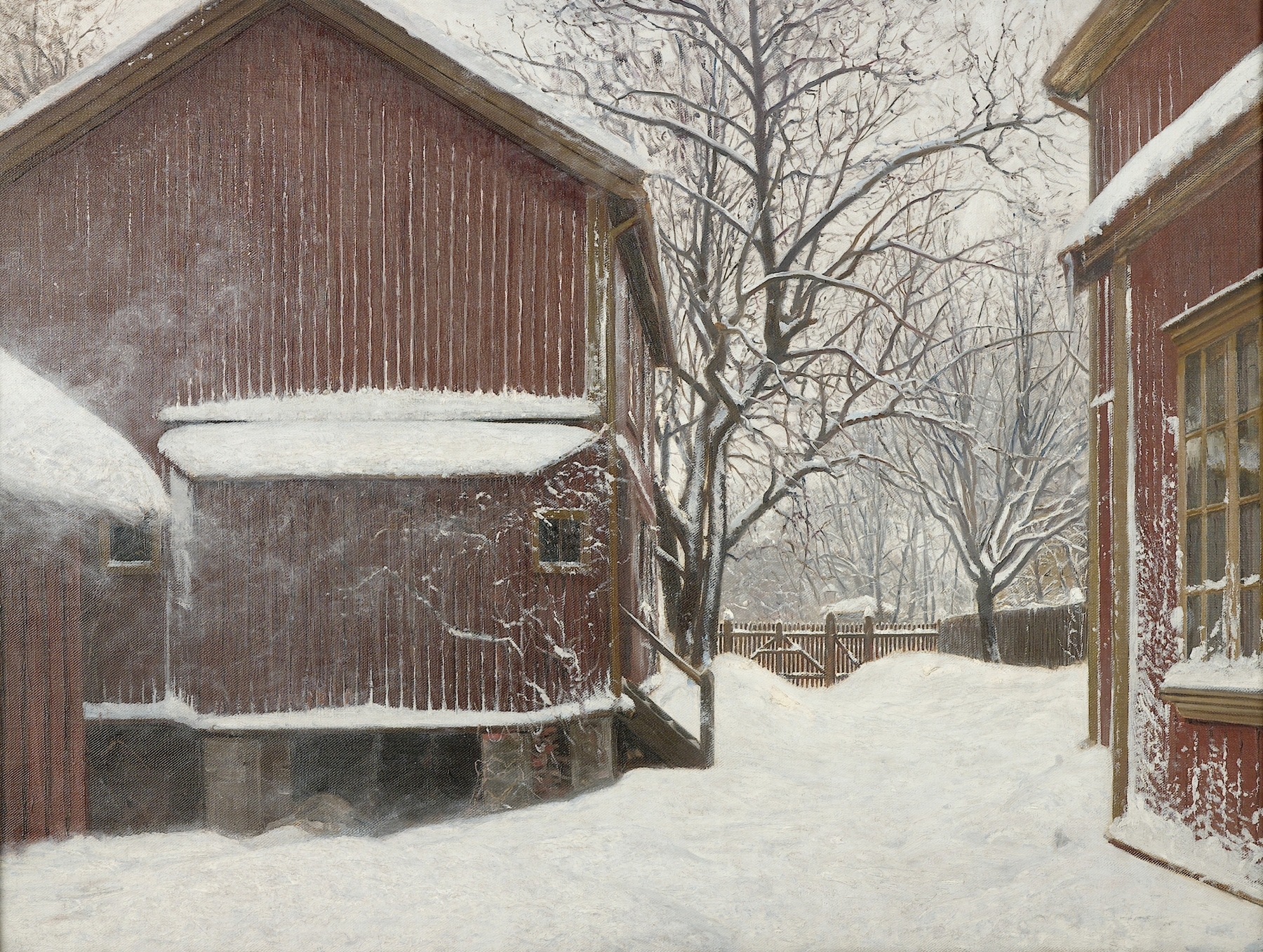 Figurative oil painting by Amaldus Nielsen depicting a slender figure in a tense moment.