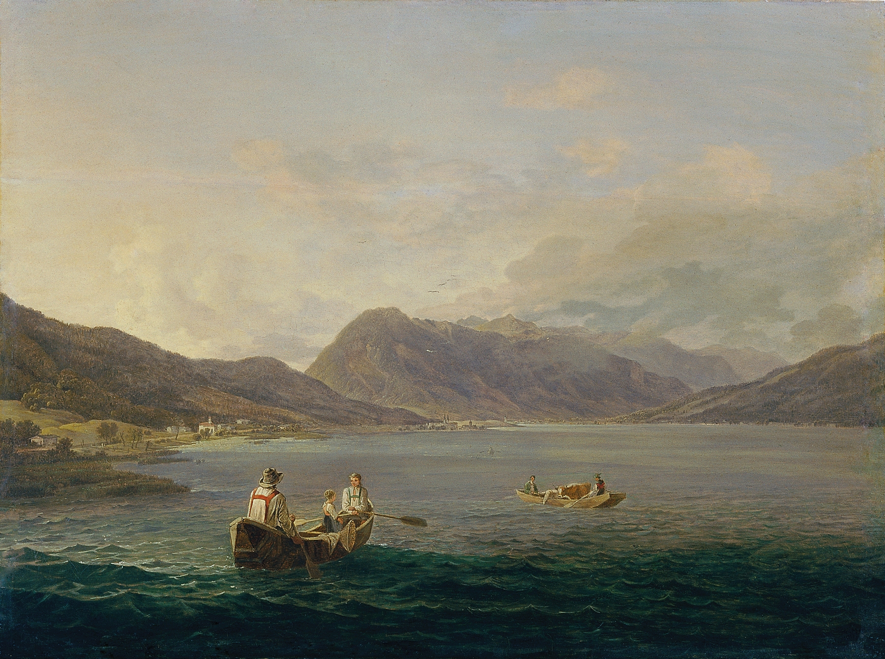Österreichischer Alpensee by Anton Schiffer, oil on canvas, depicting a tranquil lake and mountains.