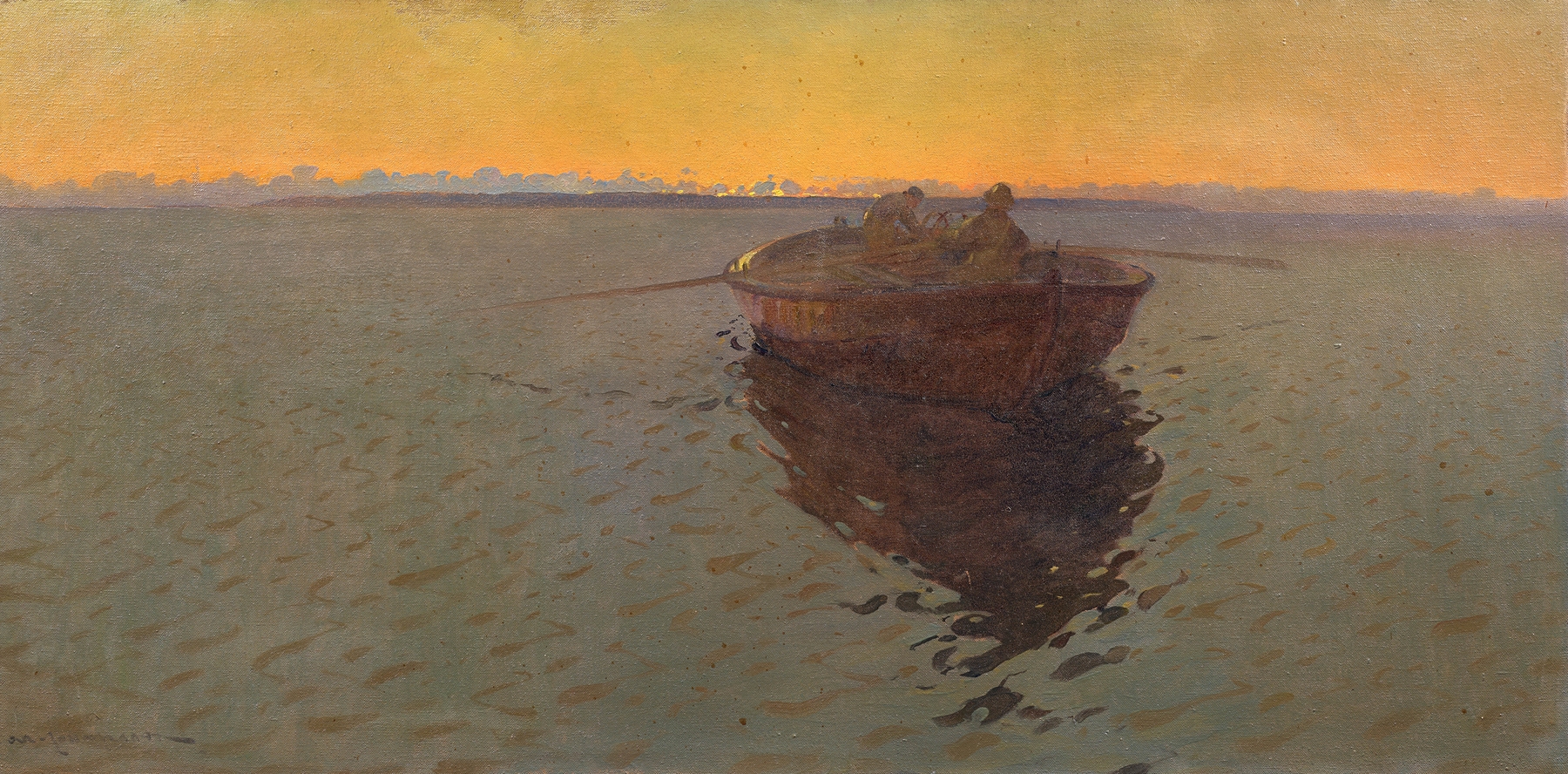 Impressionism artwork by Arvid Johansson depicting fishermen in a boat on reflective water