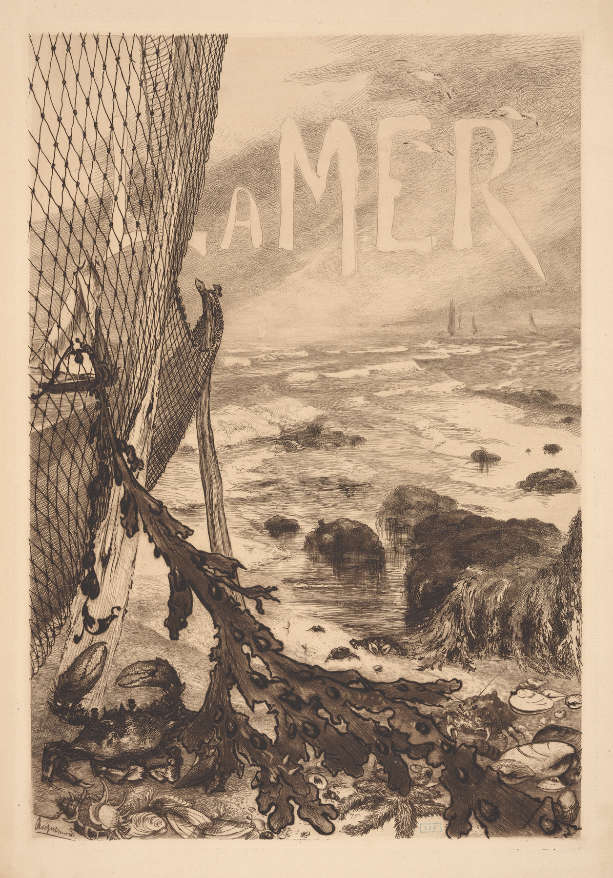 Marine scene depicting tumultuous waves in oil painting by Félix Bracquemond