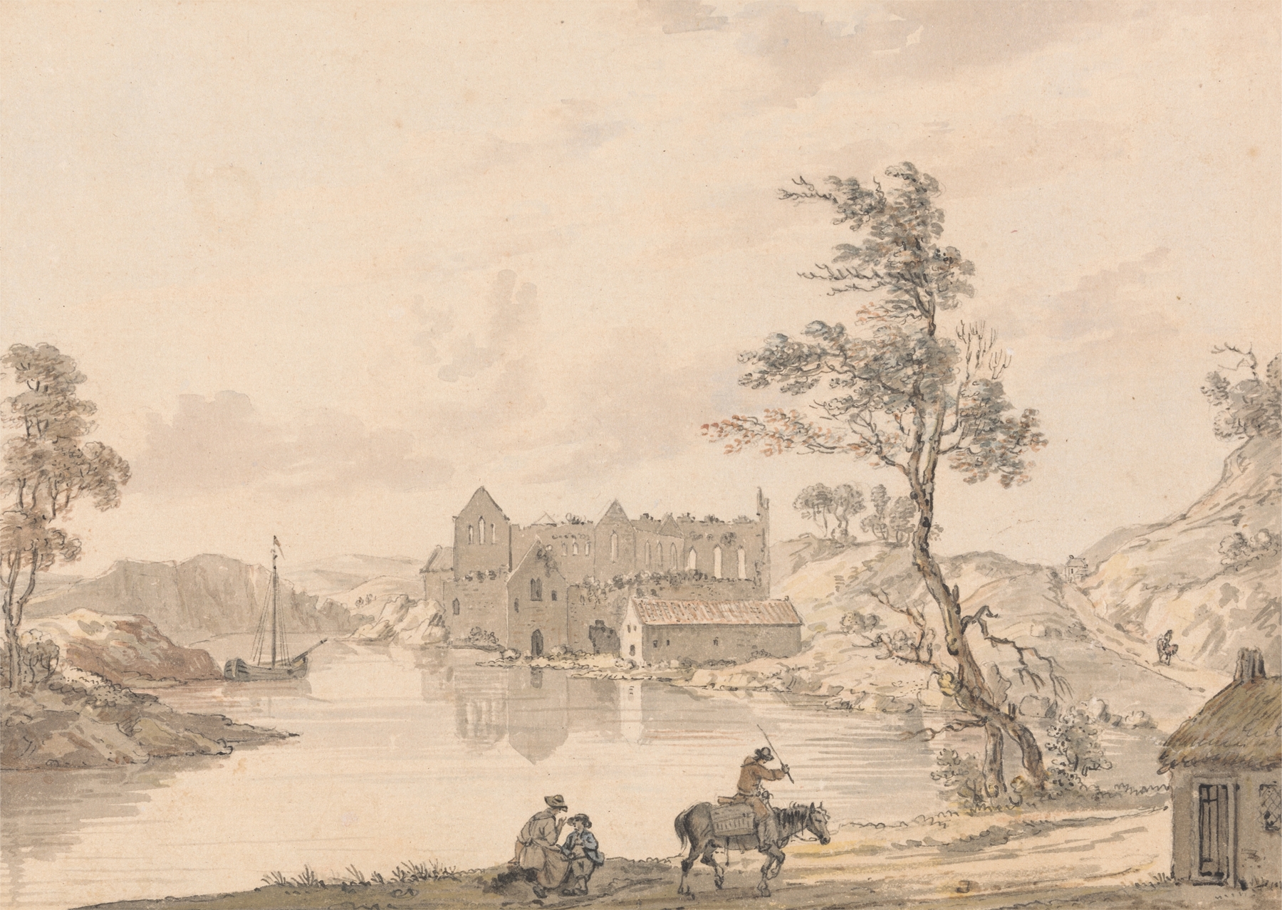 Landscape of Askeaton Abbey near Limerick, Ireland, by Paul Sandby, depicting a misty river scene.