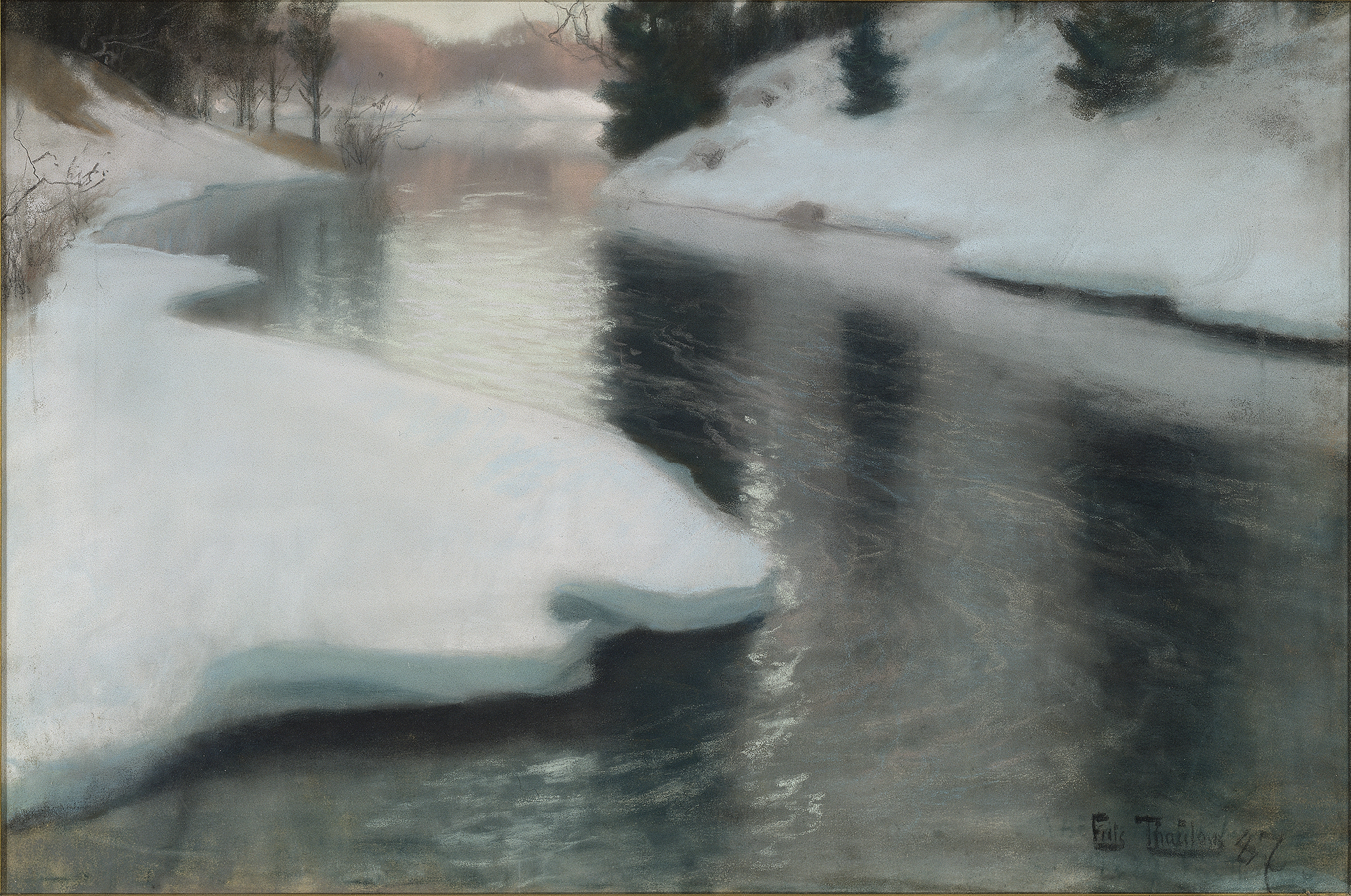 Spring Thaw by Frits Thaulow, oil painting depicting a thawing river with sunlight filtering through trees.