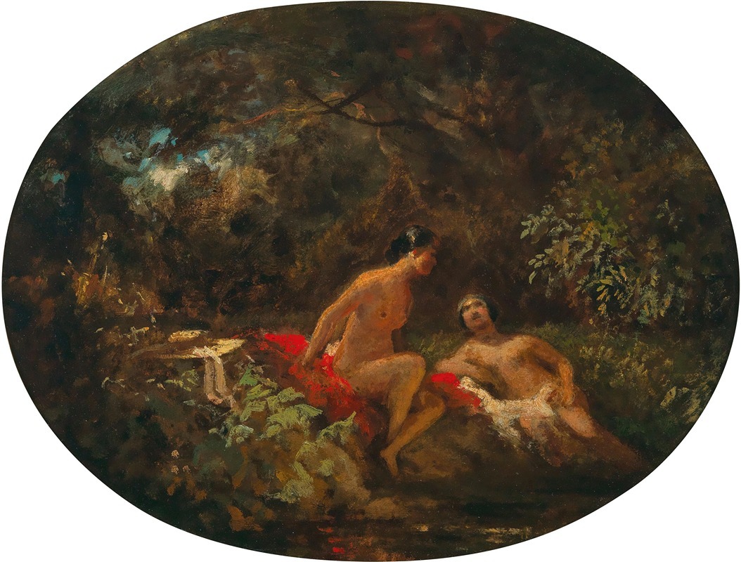 A serene depiction of women bathing in a forest pond.