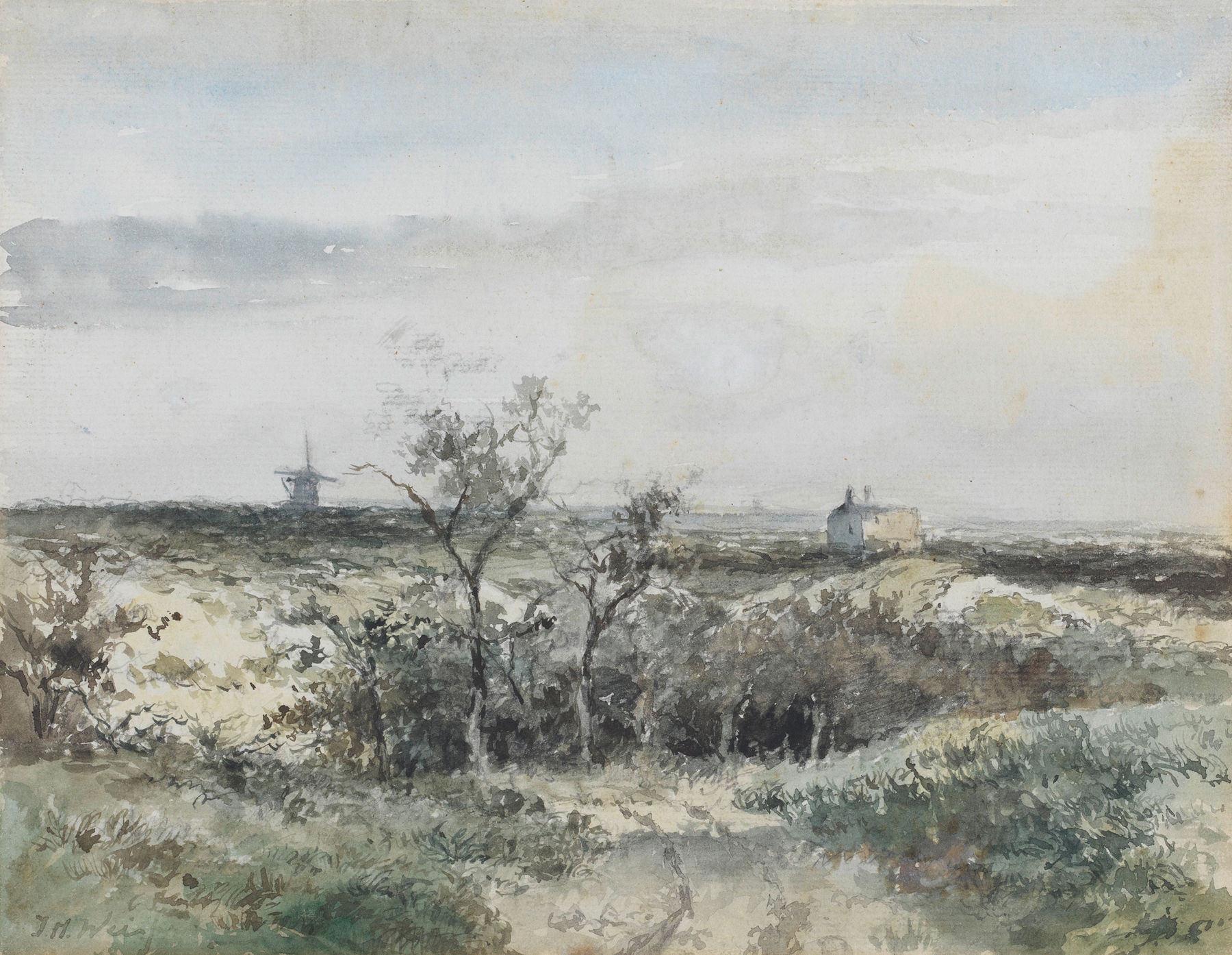 Landscape with wind-swept grasses and a gas factory by Johan Hendrik Weissenbruch, oil painting