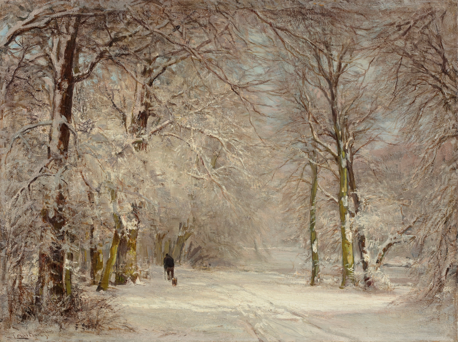 A snow-covered path in winter, oil on canvas by Louis Apol
