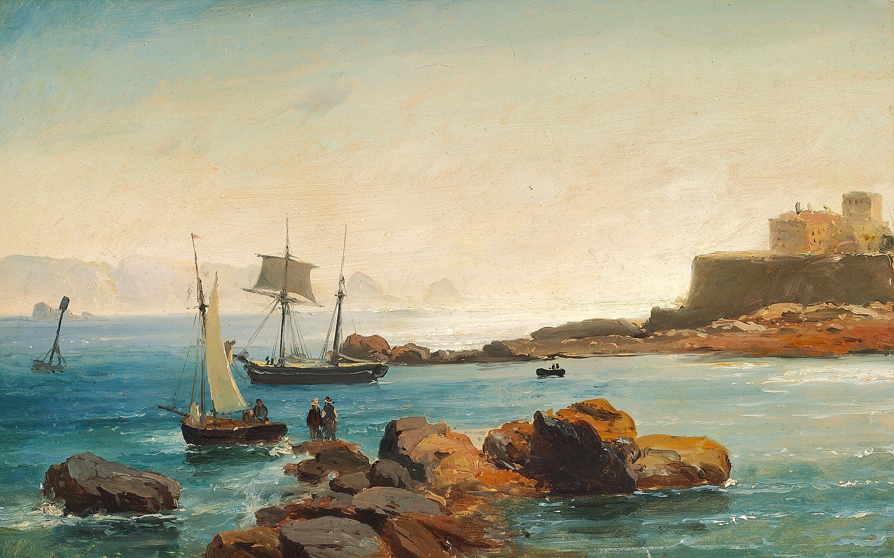 Marine scene with waves and horizon by Carl Frederik Sørensen, oil on canvas