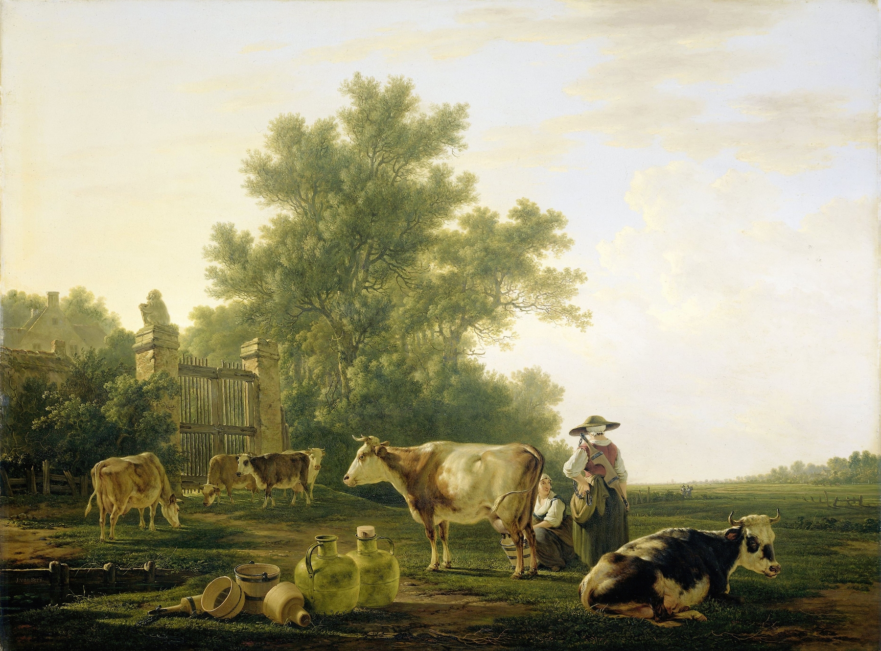 Milking Time by Jacob van Strij, oil on canvas depicting a woman milking a cow