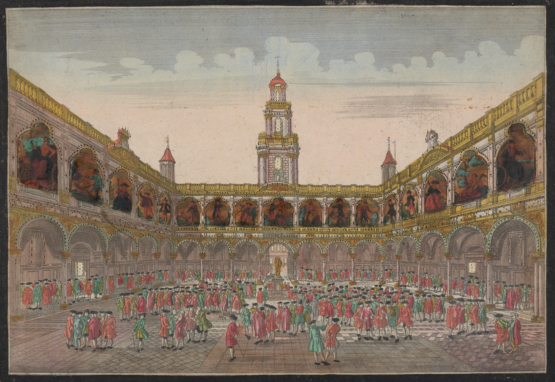 19th-century genre scene depicting bustling figures at the London Stock Exchange, unknown artist