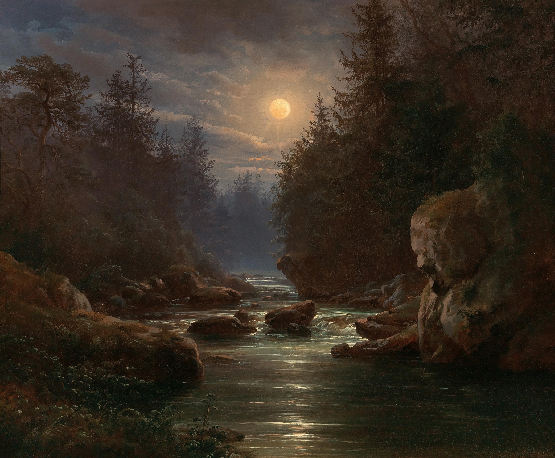 Moonlit landscape with a river and foliage, oil painting by Karl Christian Sparmann
