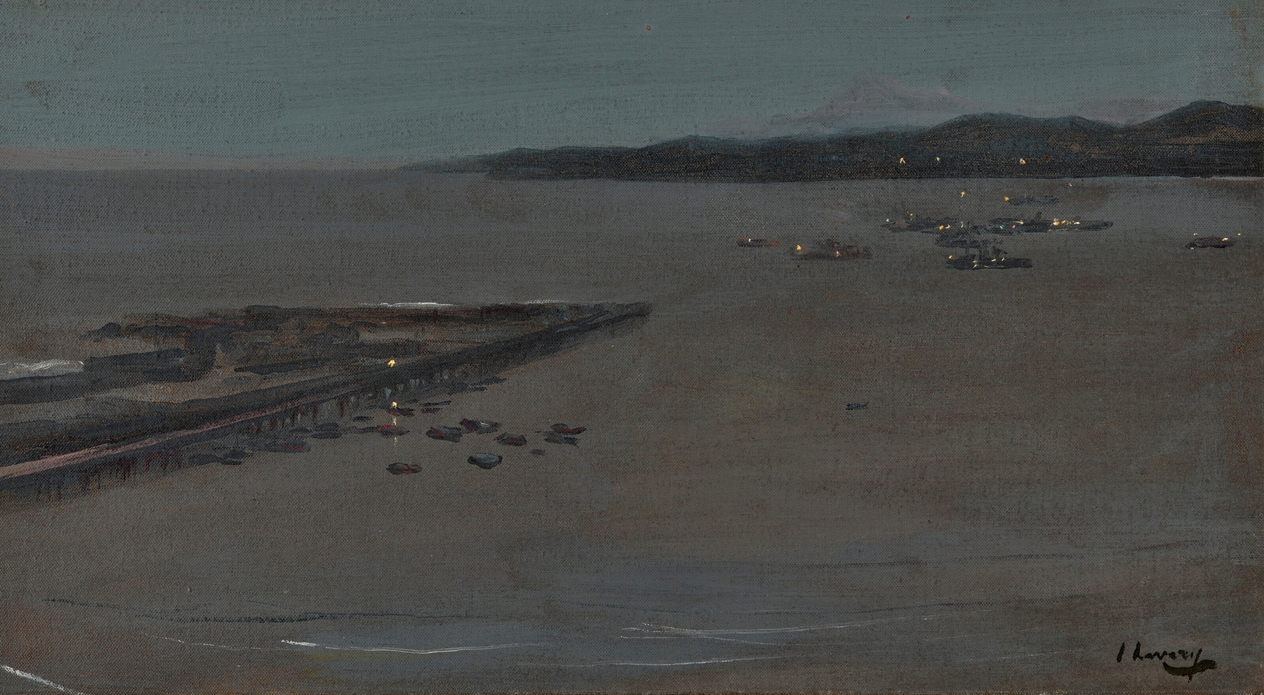 Oil painting by Sir John Lavery depicting Tangier Bay at night with moonlight reflecting on the water.