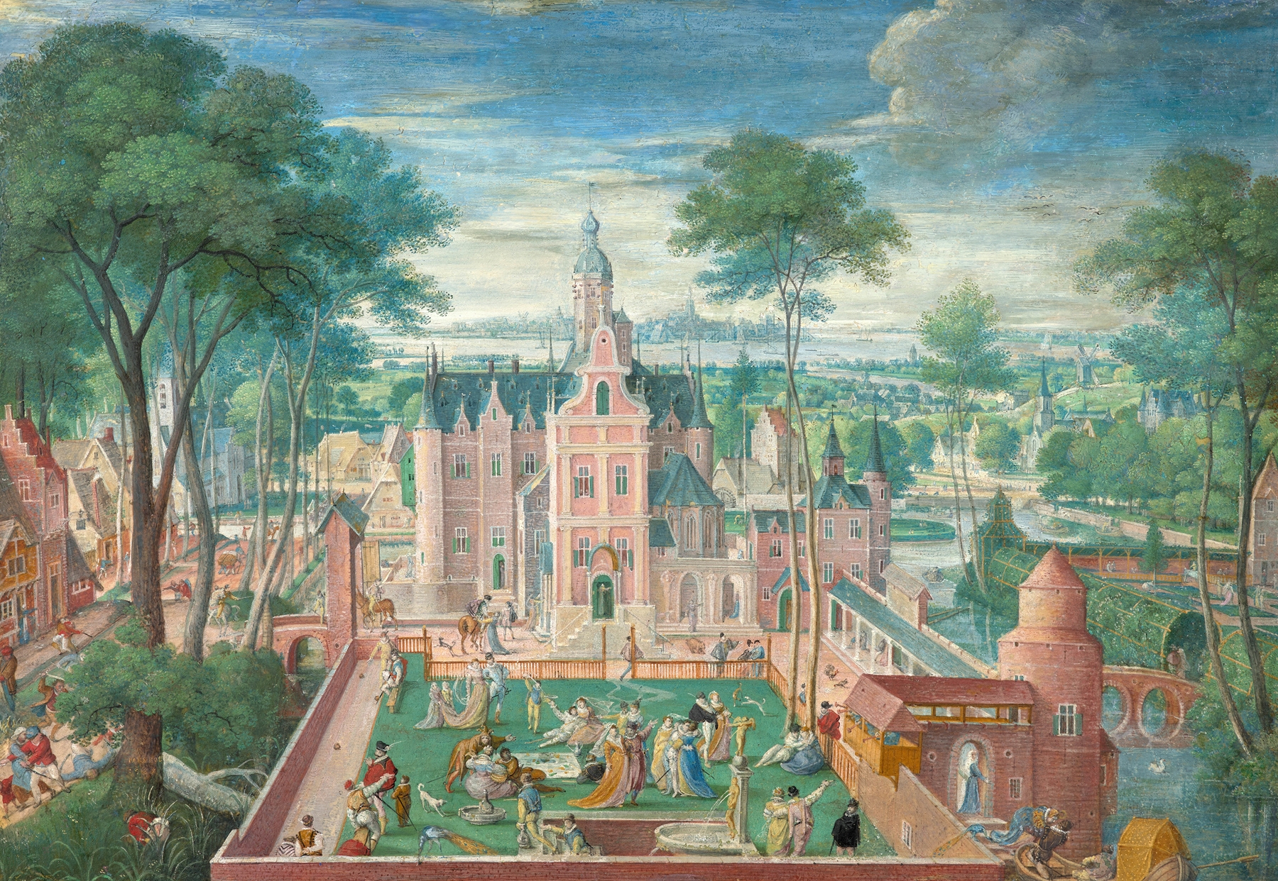 Genre scene depicting figures in a garden by Hans Bol, 1587