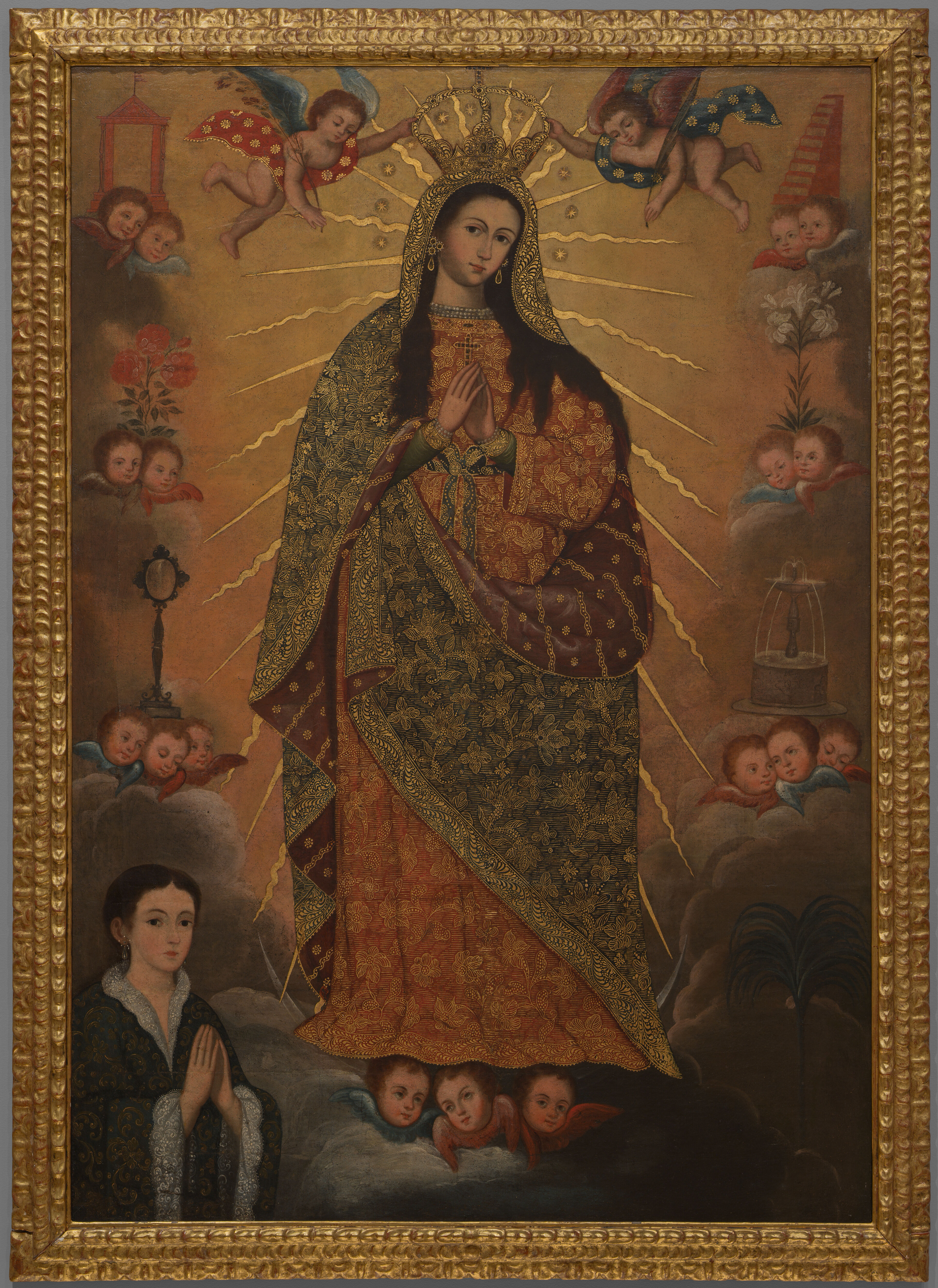 Religious scene depicting The Virgin of the Miracle with a Donor, gold medium, unidentified artist
