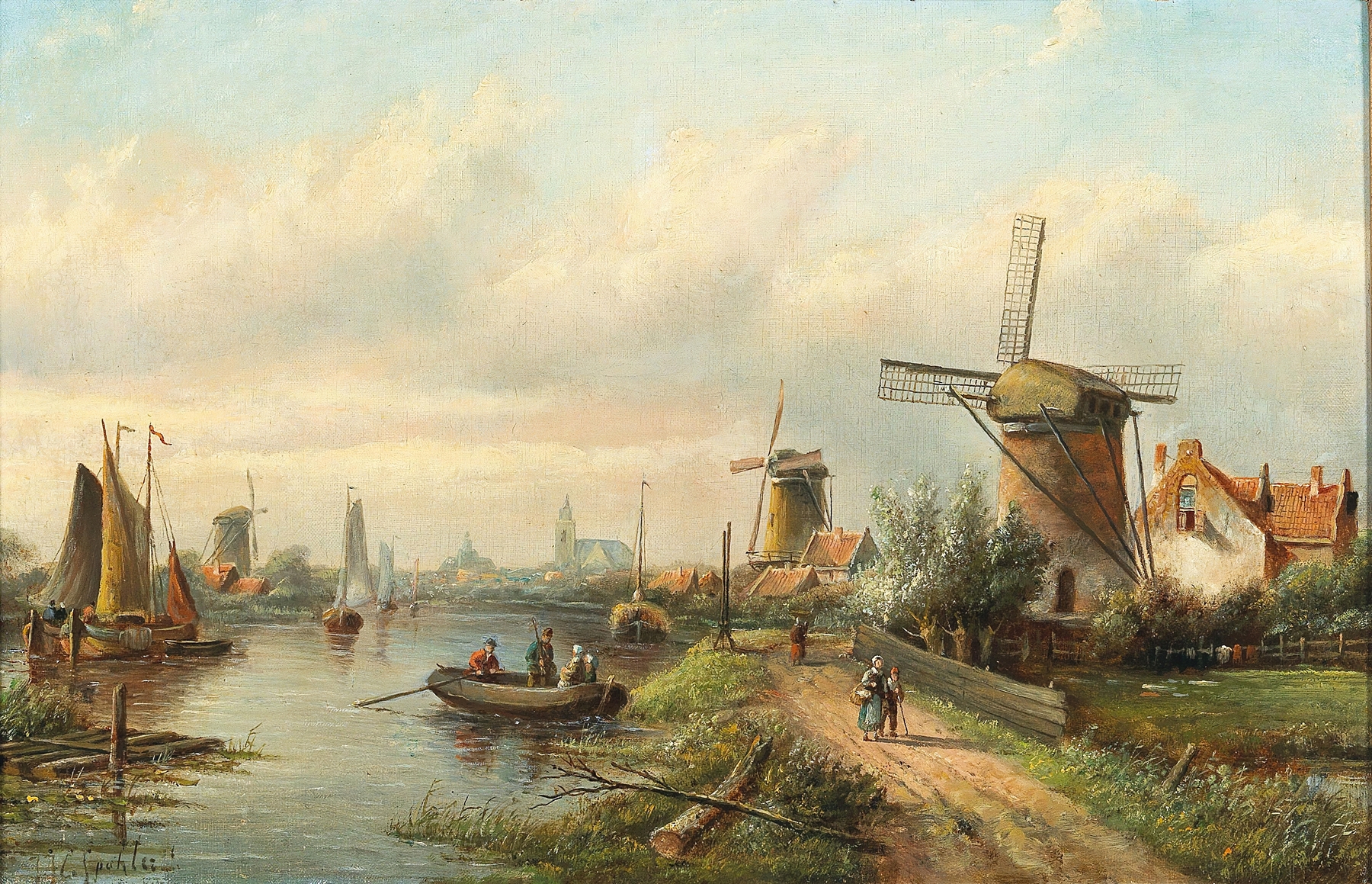 Holländische Flusslandschaft by Jan Jacob Coenraad Spohler, oil painting depicting a serene river landscape.