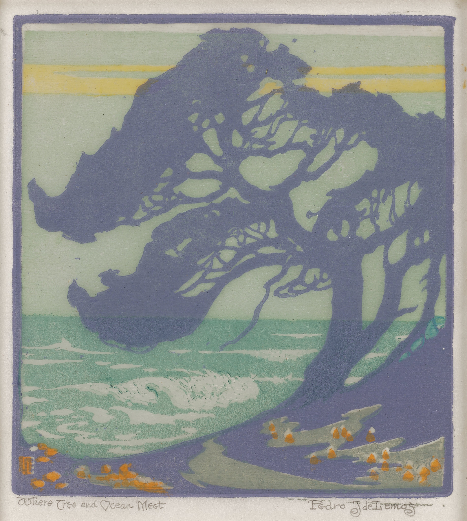 Oil on canvas by Pedro de Lemos depicting a tree and ocean at sunset.