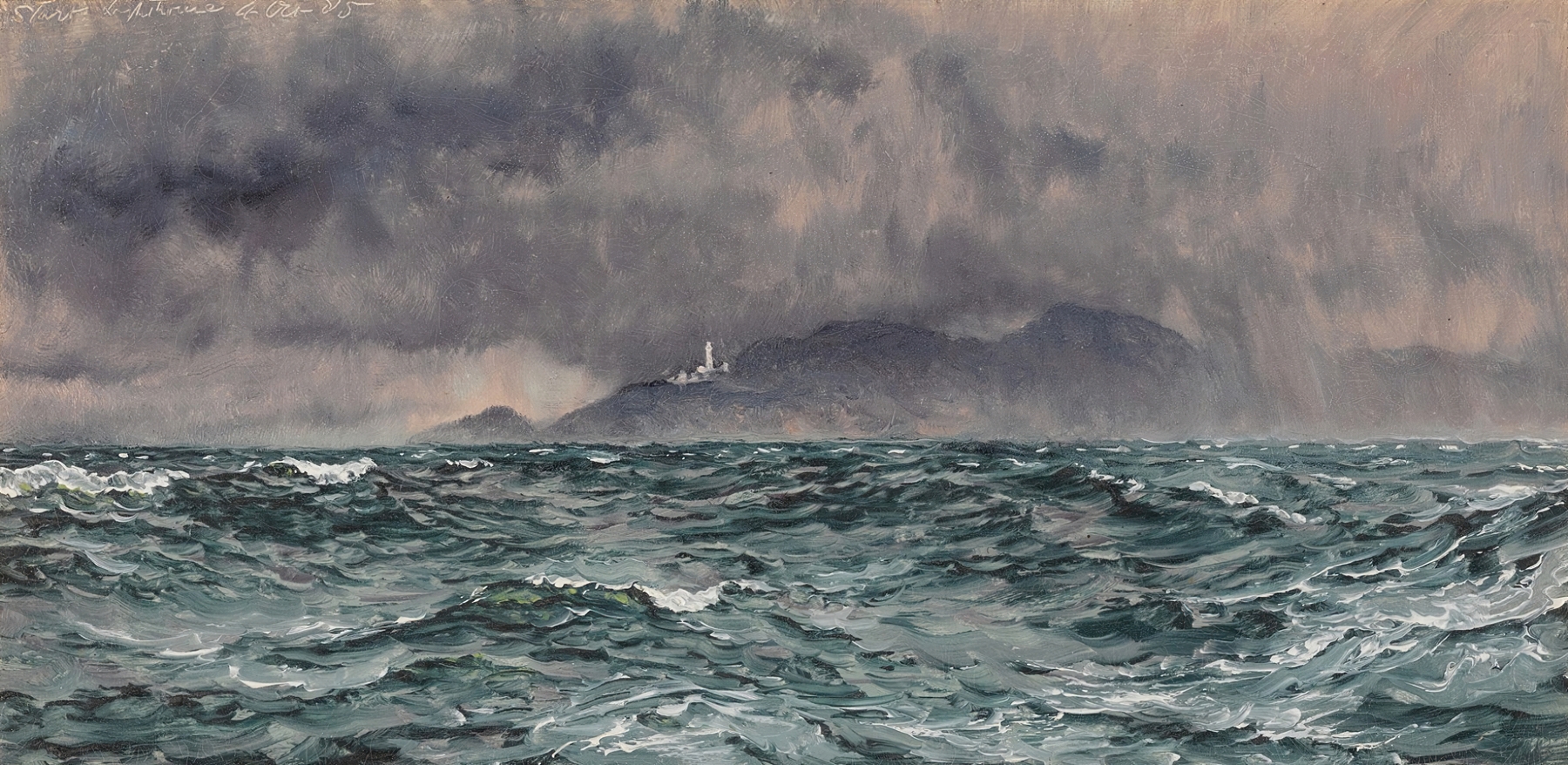 Heavy Squall off the Start Lighthouse by John Brett, oil painting of a stormy ocean with a lighthouse.