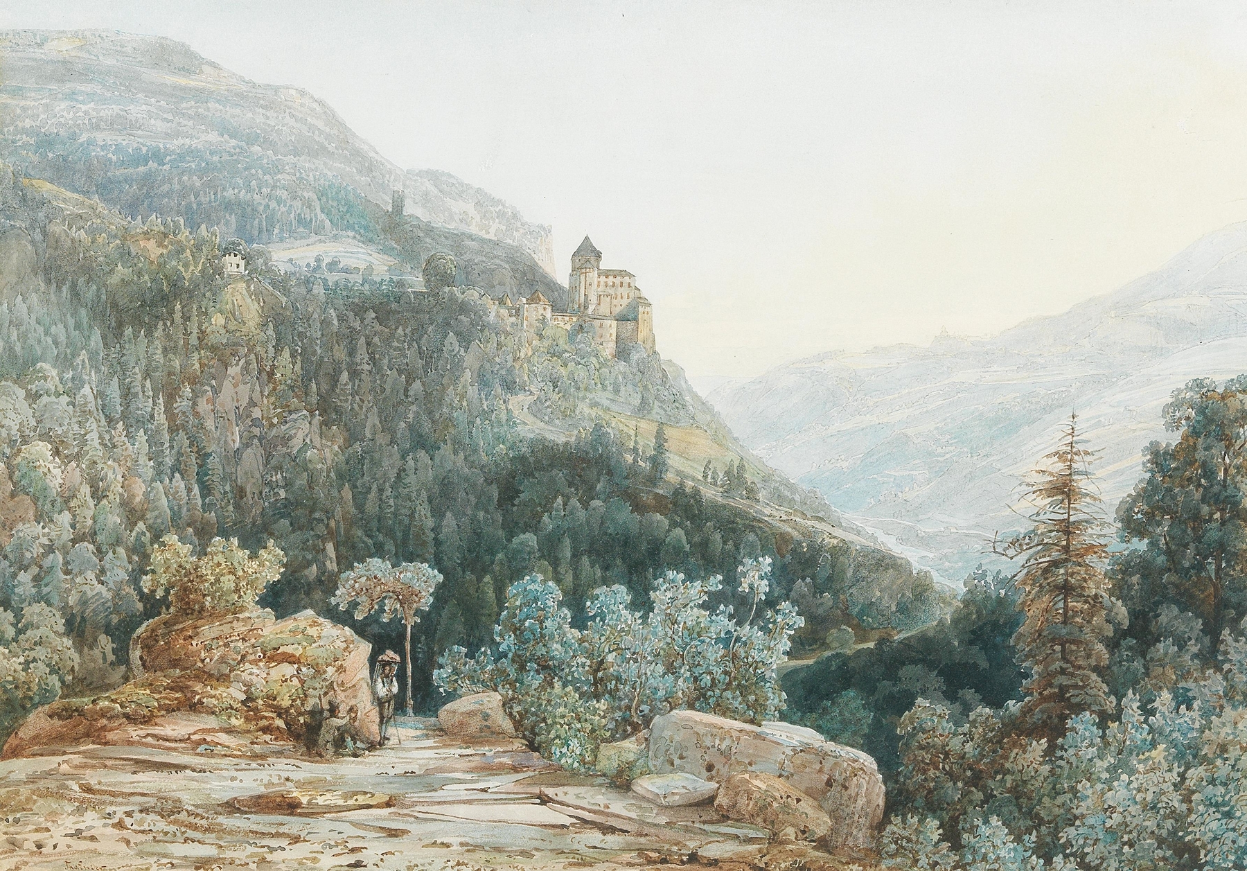 Die Trostburg im Eisacktal in Südtirol, oil on canvas by Thomas Ender, featuring a castle and snow-covered mountains.
