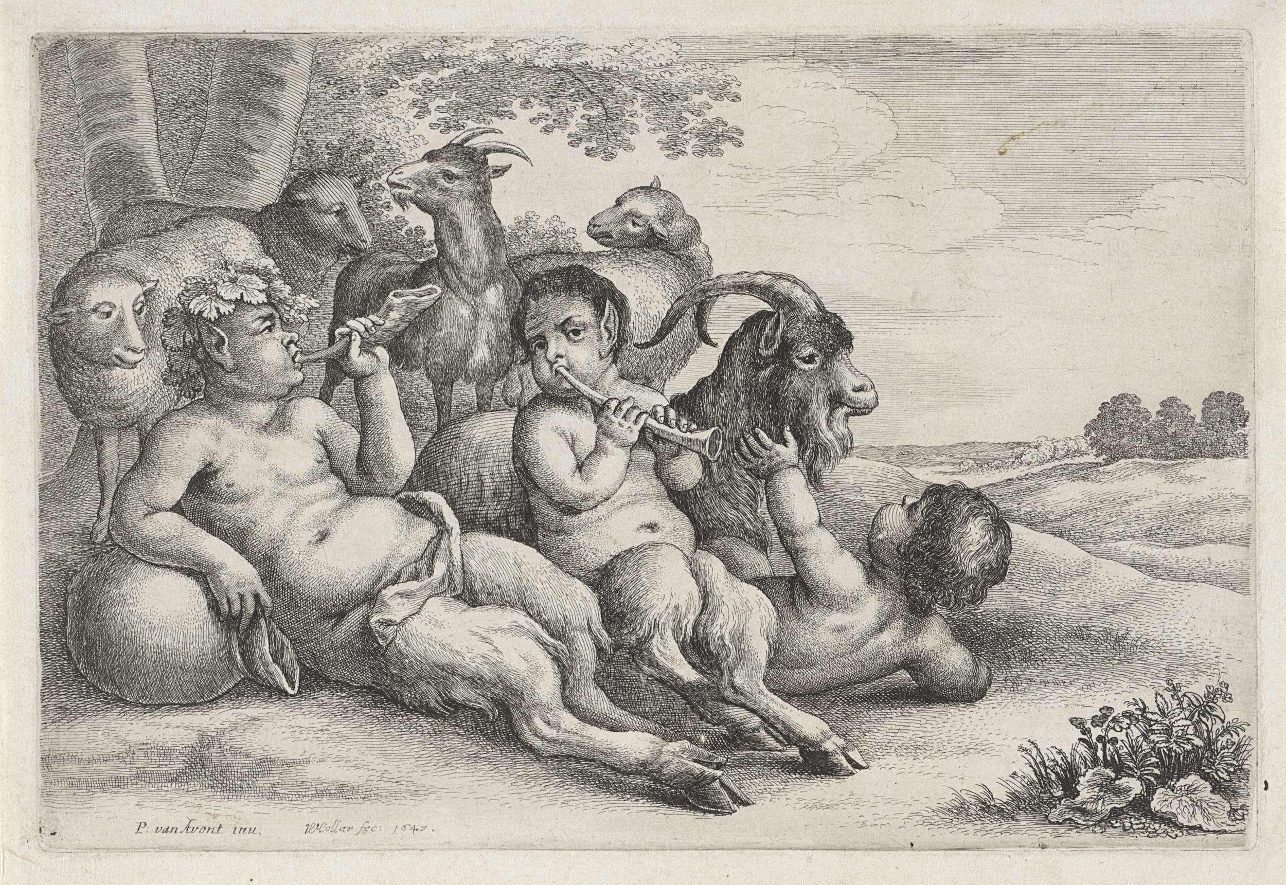 Etching by Wenceslaus Hollar depicting satyrs with sheep and goats in a pastoral scene.