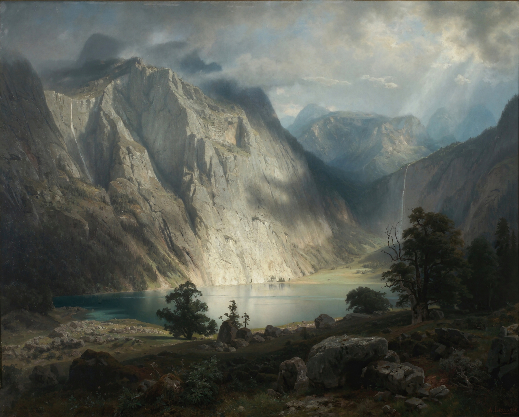 Obersee bei Berchtesgaden by August Wilhelm Leu, oil on canvas depicting a tranquil lake and mountains.