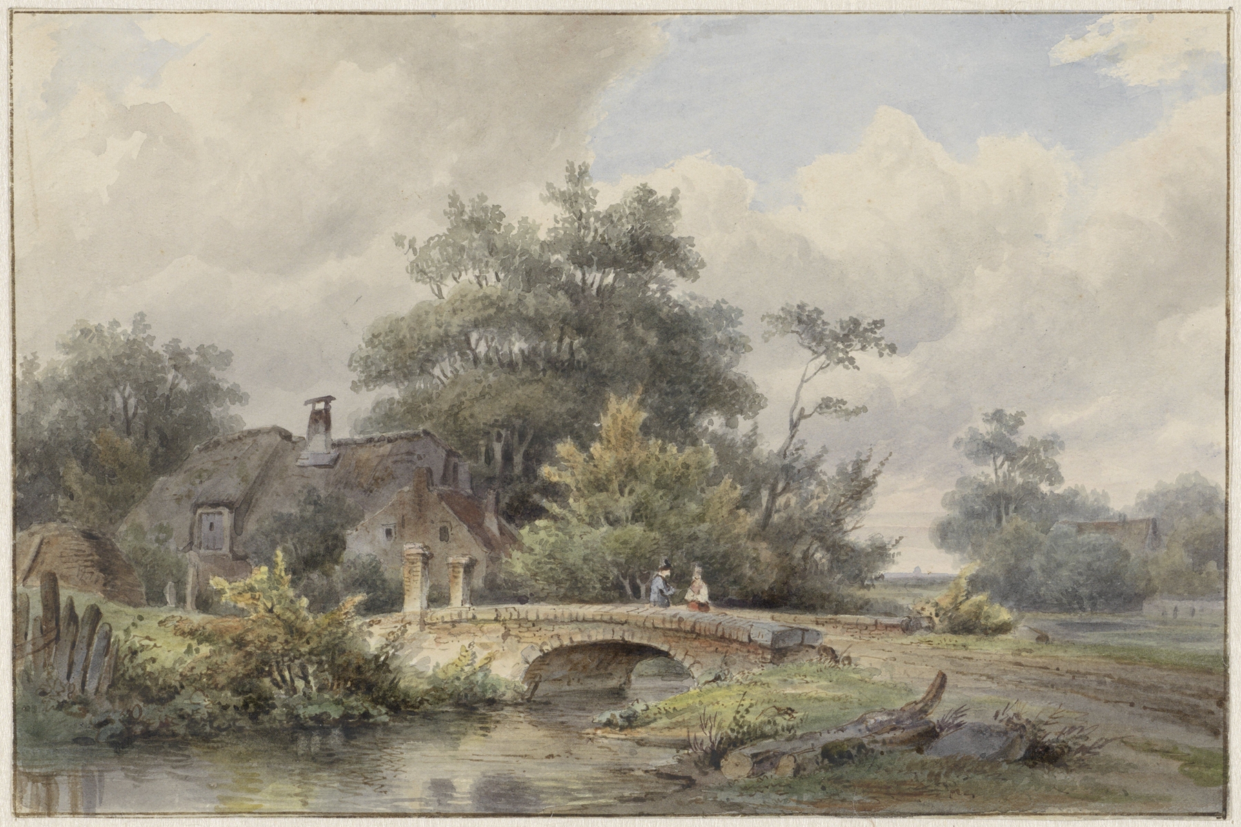Landschap met stenen brug bij een huis, oil painting by Barend Cornelis Koekkoek
