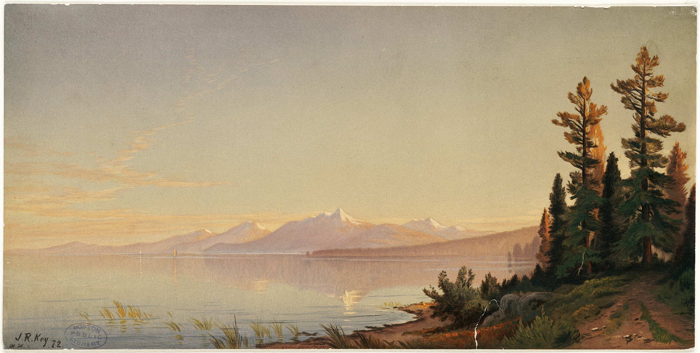 Lake Tahoe, Looking Southwest by John Ross Key, oil painting depicting a serene lake and mountains.