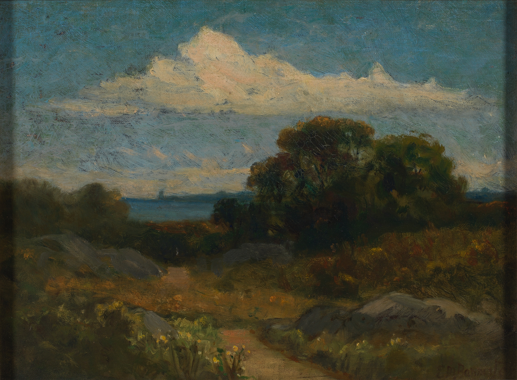 Landscape by Edward Mitchell Bannister, oil painting depicting trees and a tranquil lake
