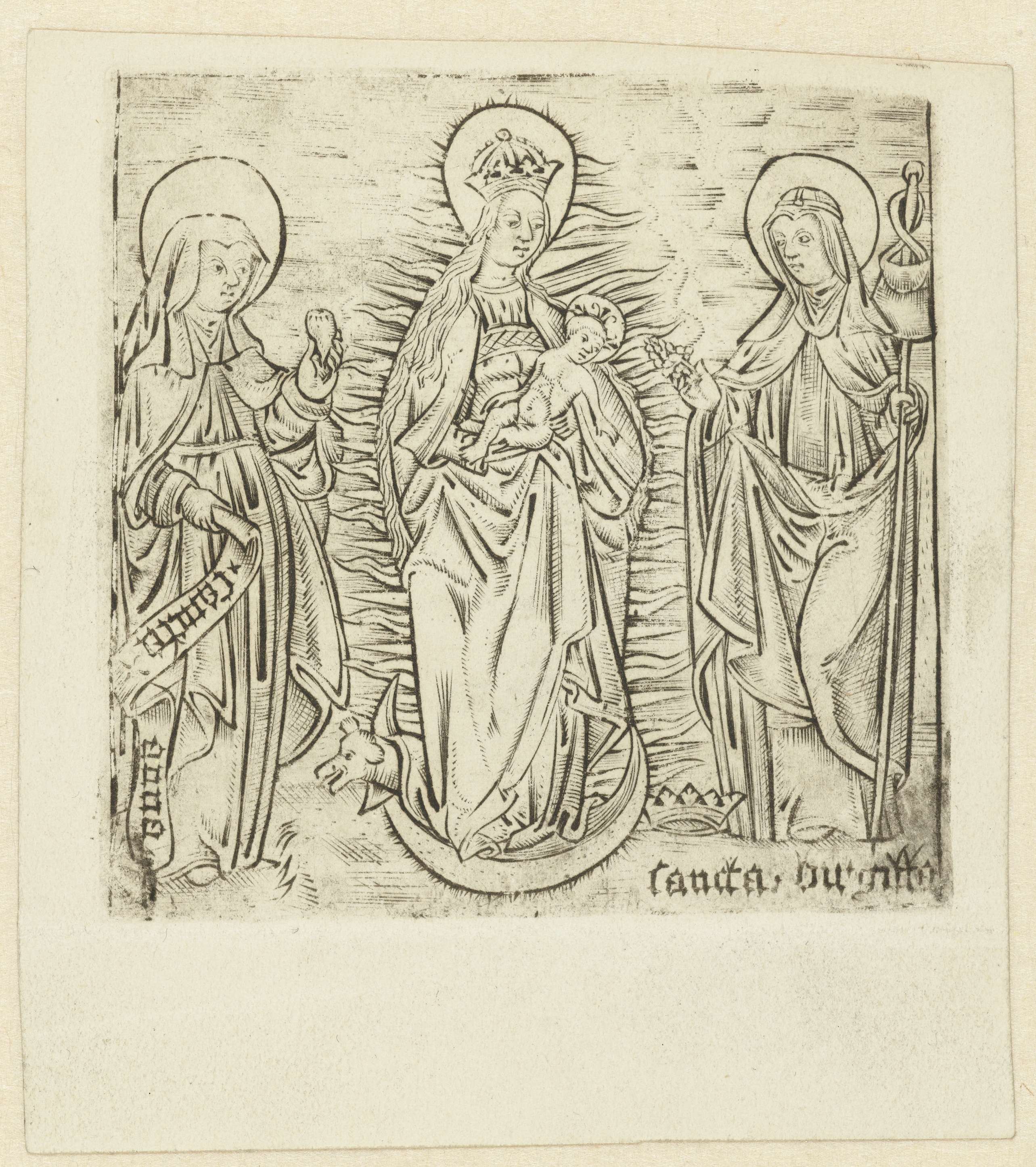 Madonna met heilige Anna en Brigitta engraving by Unknown Artist depicting the Madonna and Saint Anne.