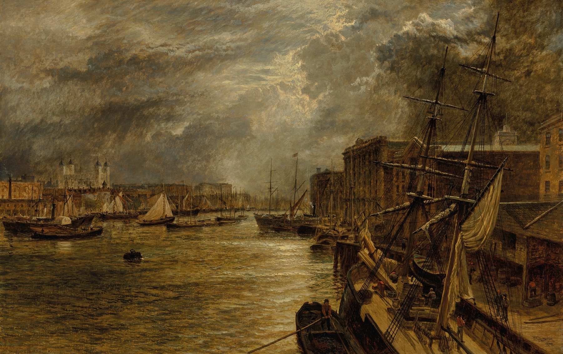 The Tower from London Bridge, oil on canvas by Henry Dawson