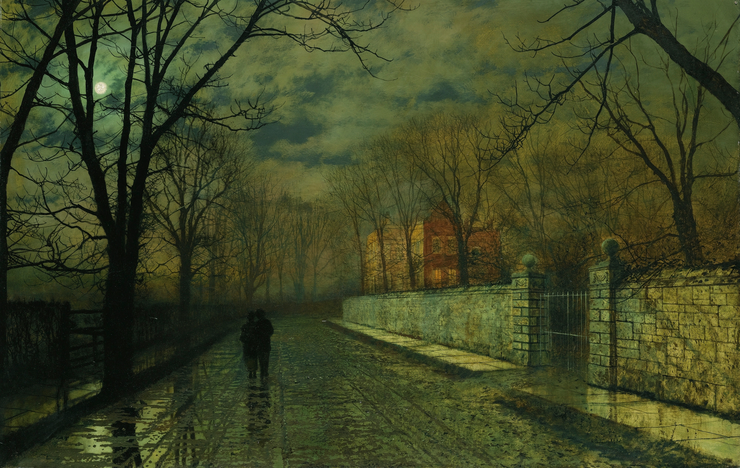 Figures In A Moonlit Lane After Rain, by John Atkinson Grimshaw, public domain
