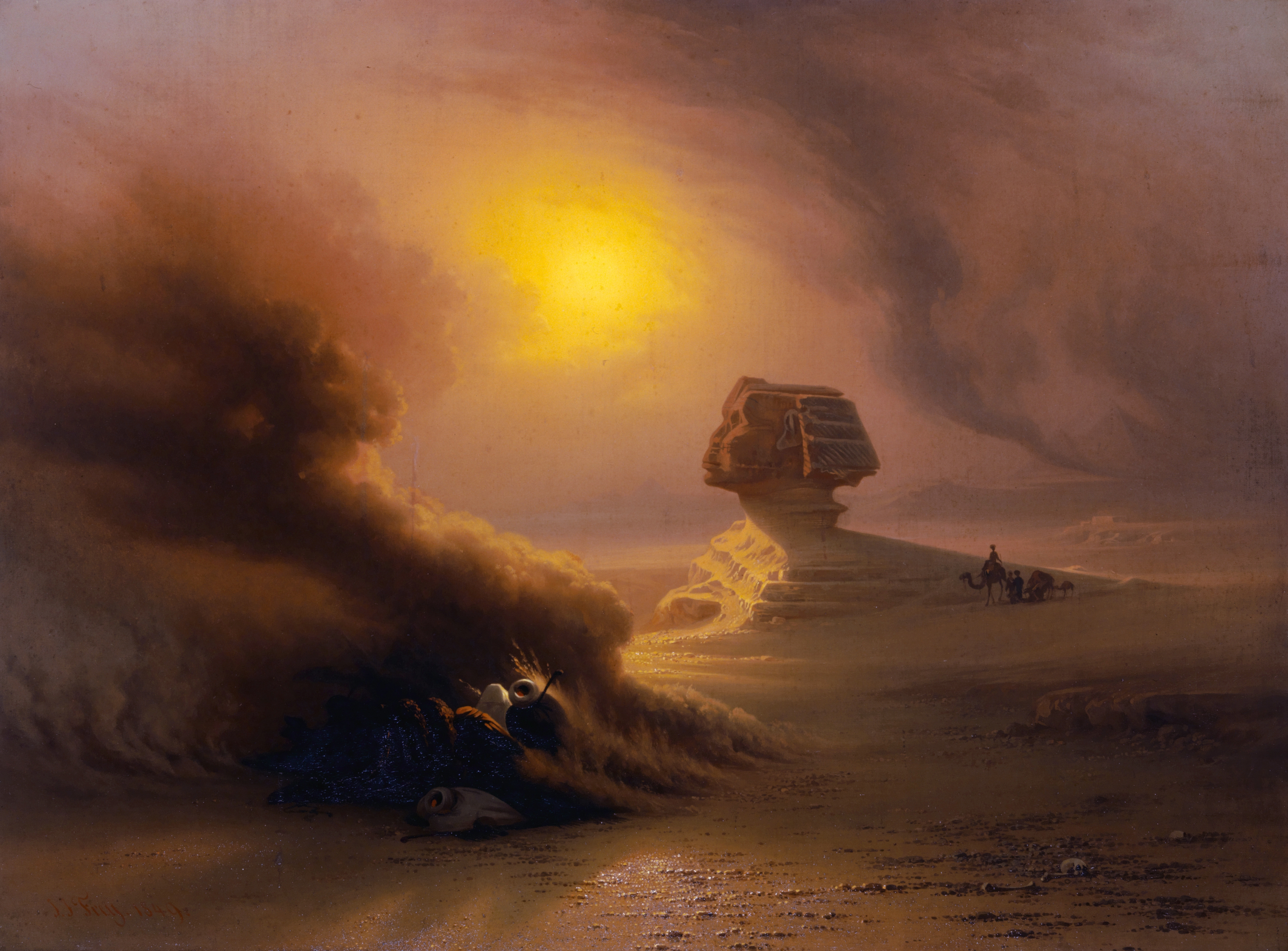 A Caravan Surprised By The Samoom In Front Of The Sphinx, oil on canvas by Johann Jakob Frey