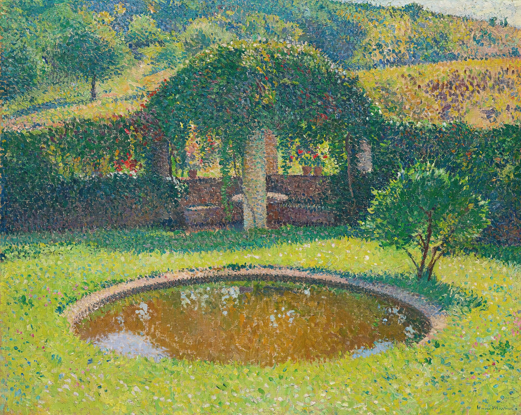 Impressionist oil painting by Henri Martin depicting a garden scene with water and dappled light.