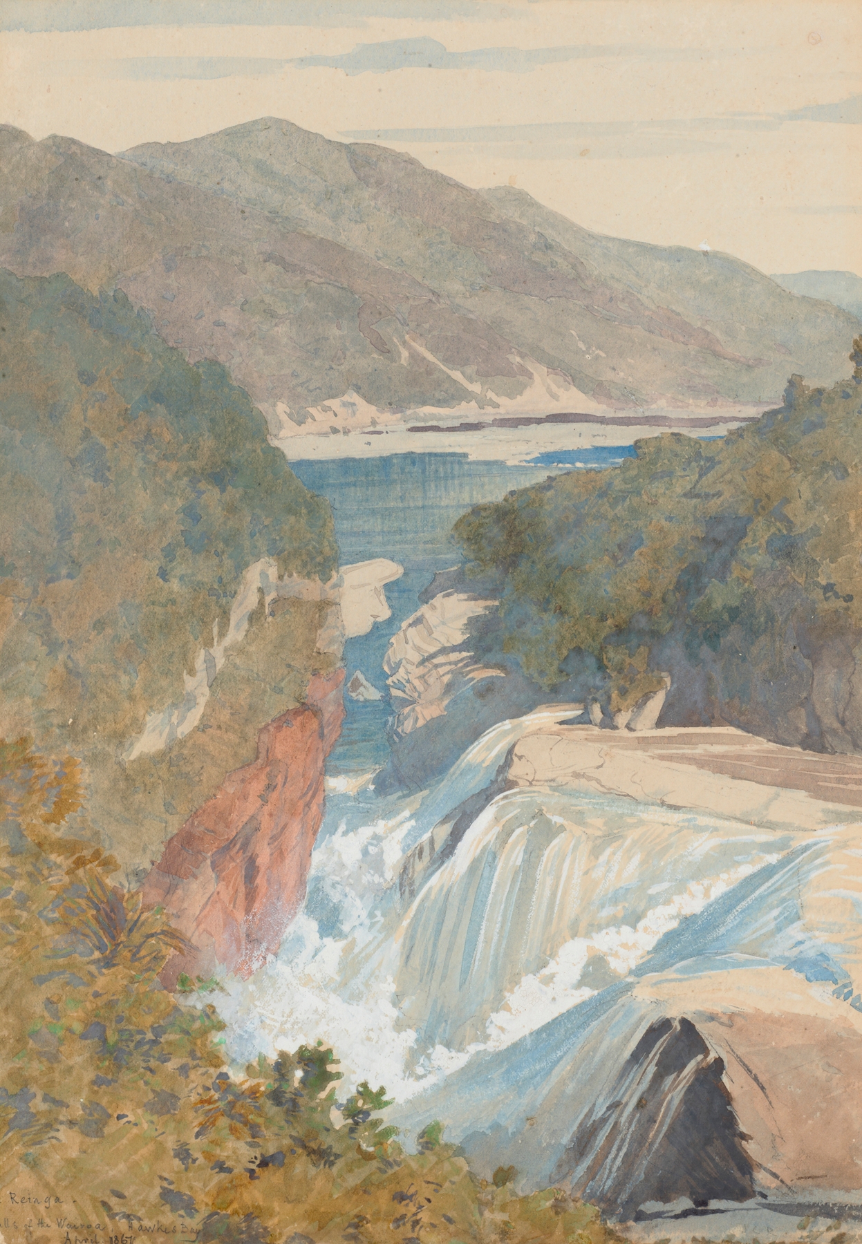 Waterfall cascading over rocks in Te Reinga, Falls of the Wairoa by James Crowe Richmond, oil painting
