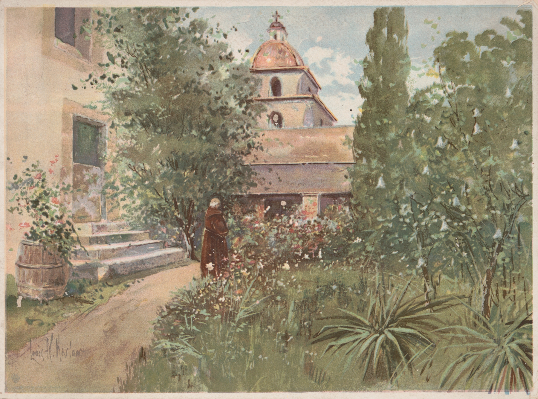 Garden scene with children and flowers, oil painting by Louis Kinney Harlow