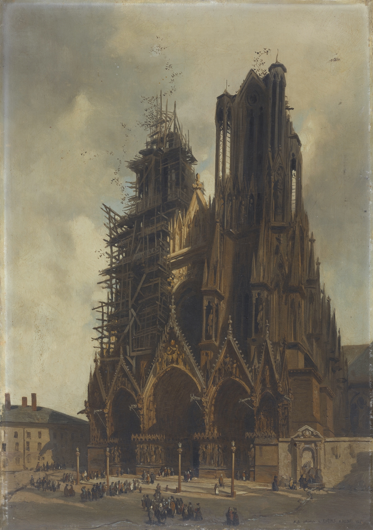 La Cathédrale de Reims, oil on canvas by Adrien Dauzats, featuring soaring spires and light.