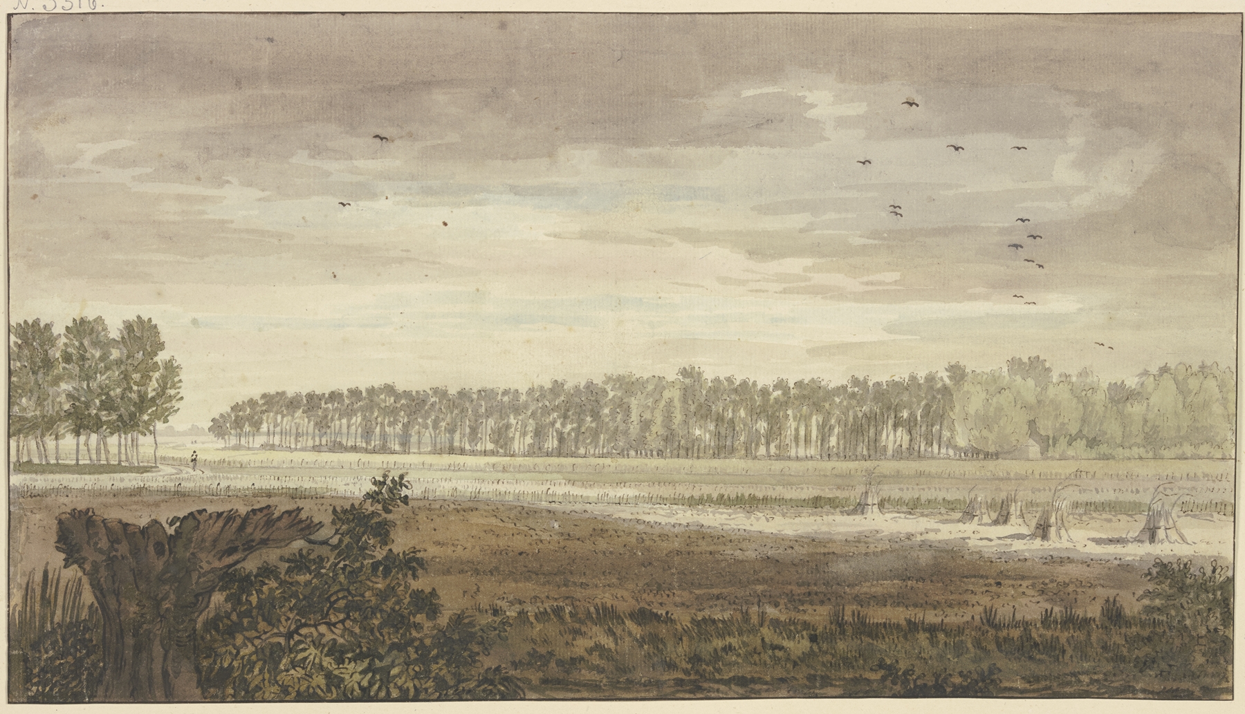 Landscape by Jacob van Liender, oil on canvas featuring golden fields and a forest.