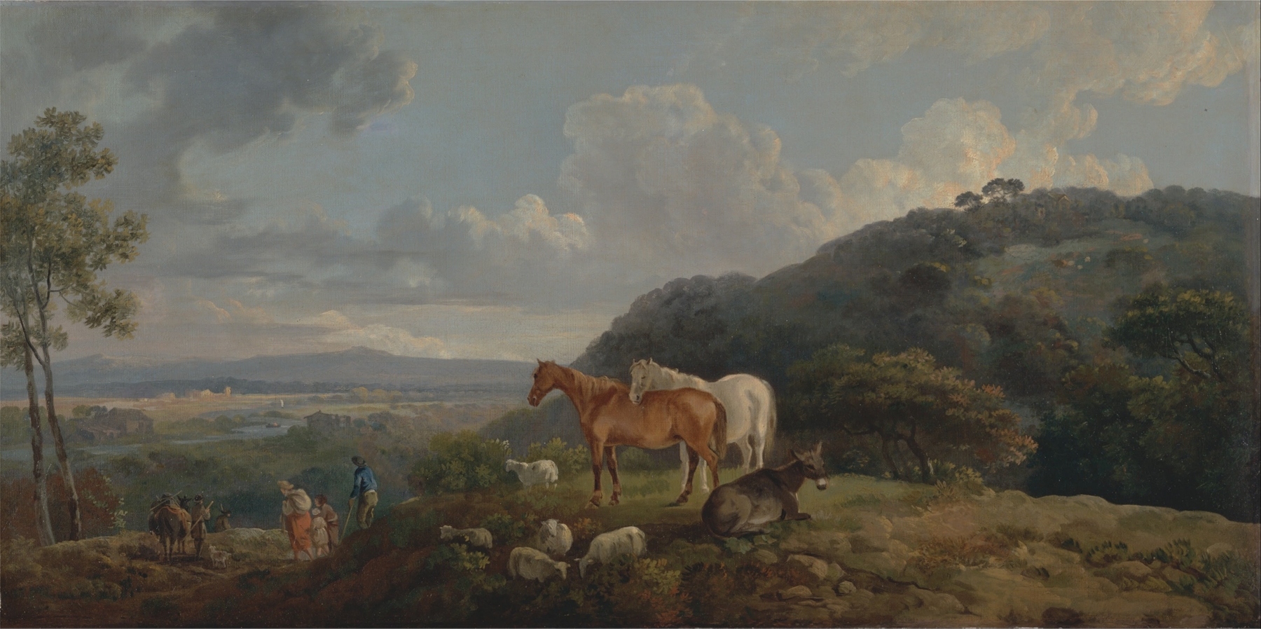 Landscape with mares and sheep at dawn, oil on canvas by George Barret