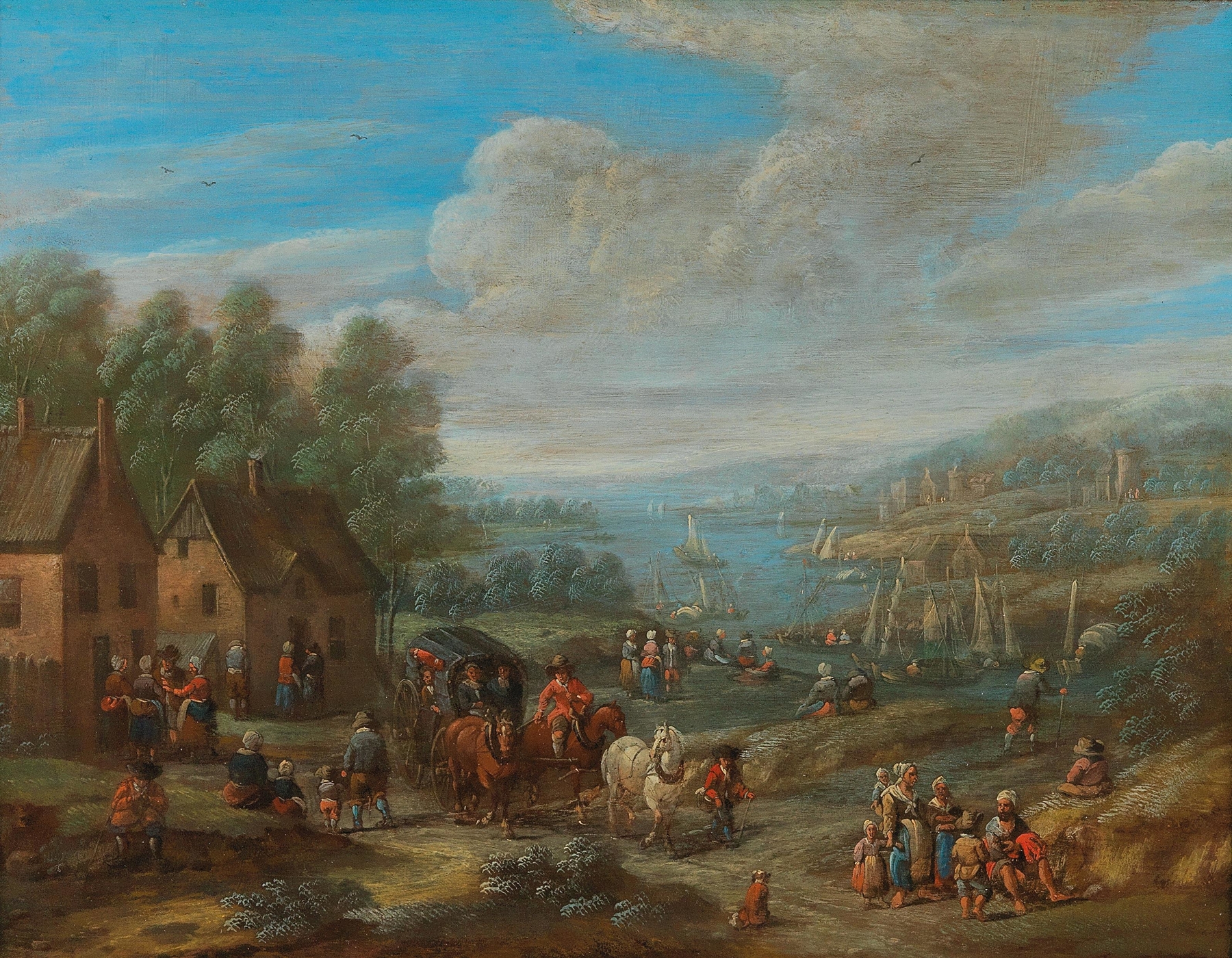 River landscape with a village and travellers, oil on canvas by Karel Breydel