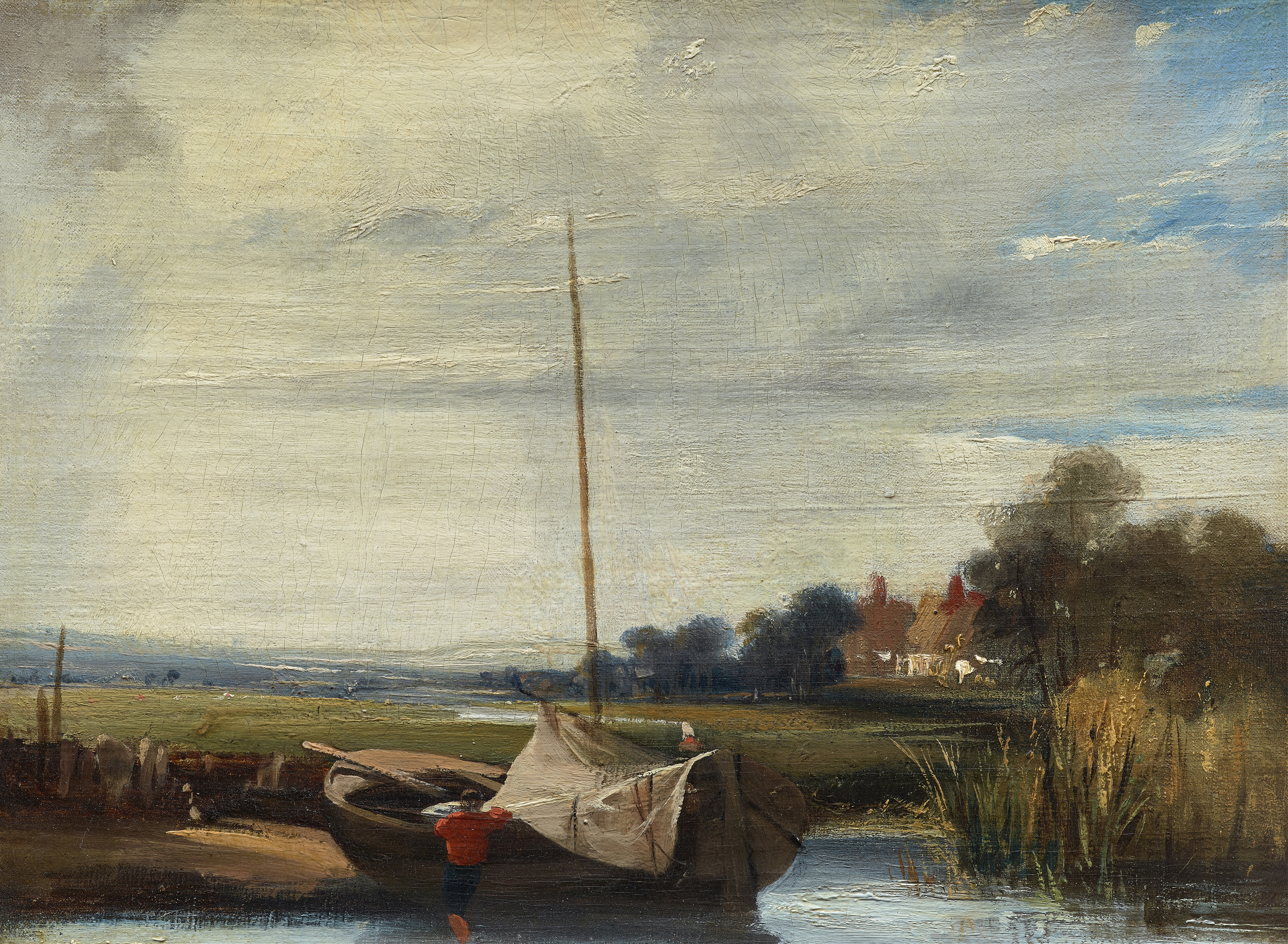 A River in Normandy by Richard Parkes Bonington, oil painting of a serene riverside landscape.