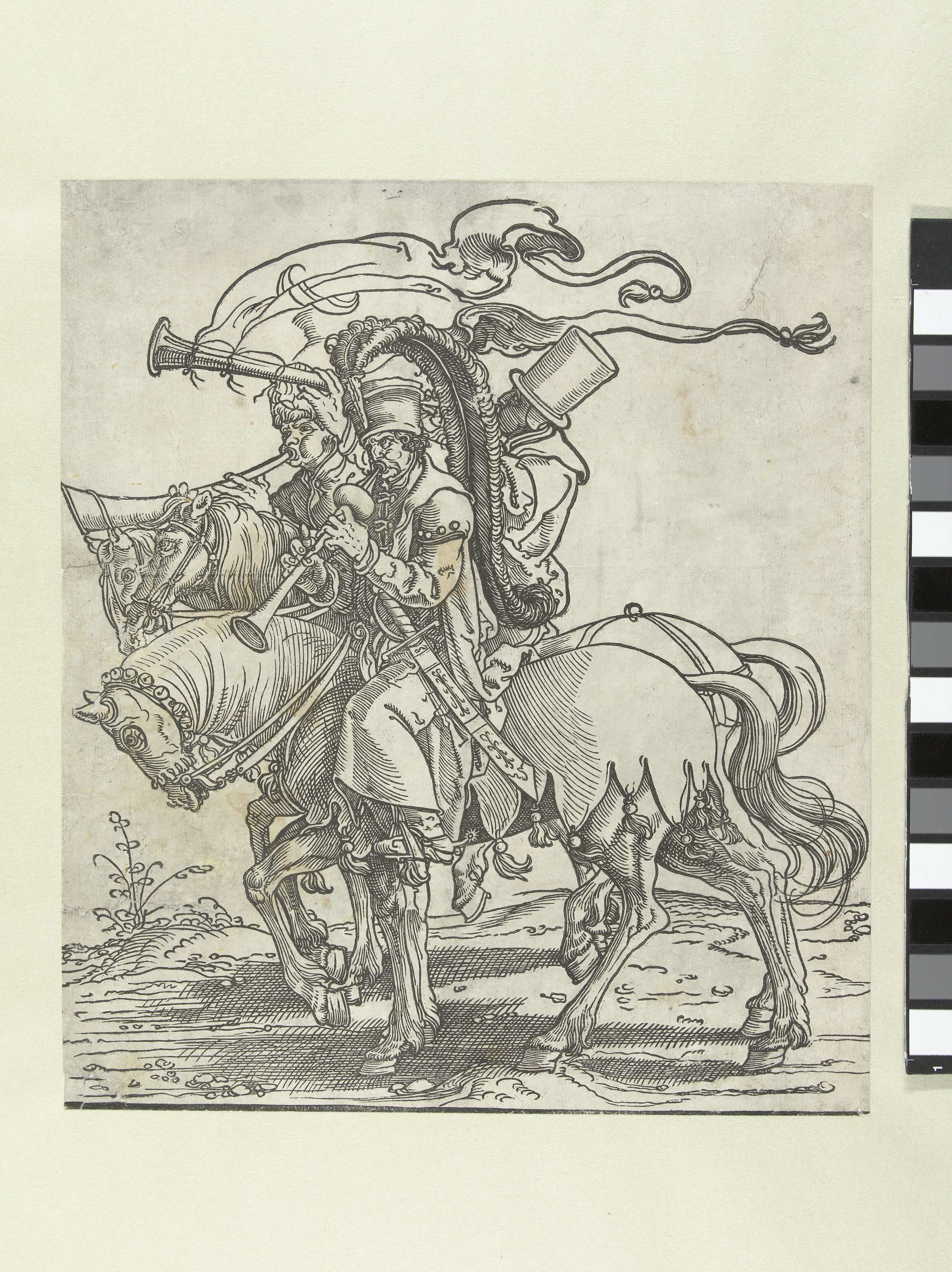 Drie trompetters te paard by Jan Swart van Groningen, paper medium, three horsemen with trumpets.