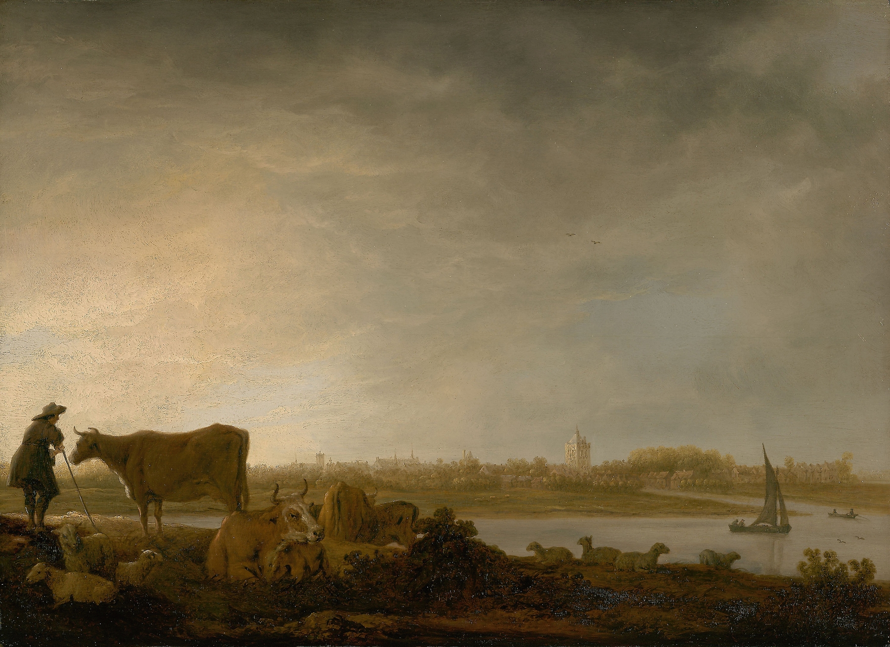 A View of Vianen with a Herdsman and Cattle by a River, by Aelbert Cuyp, public domain