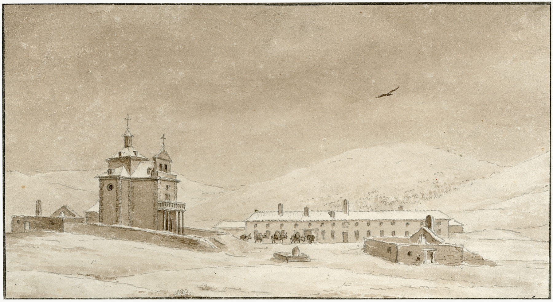 Landscape oil painting by Otto Howen featuring mountains, an inn, and a church.